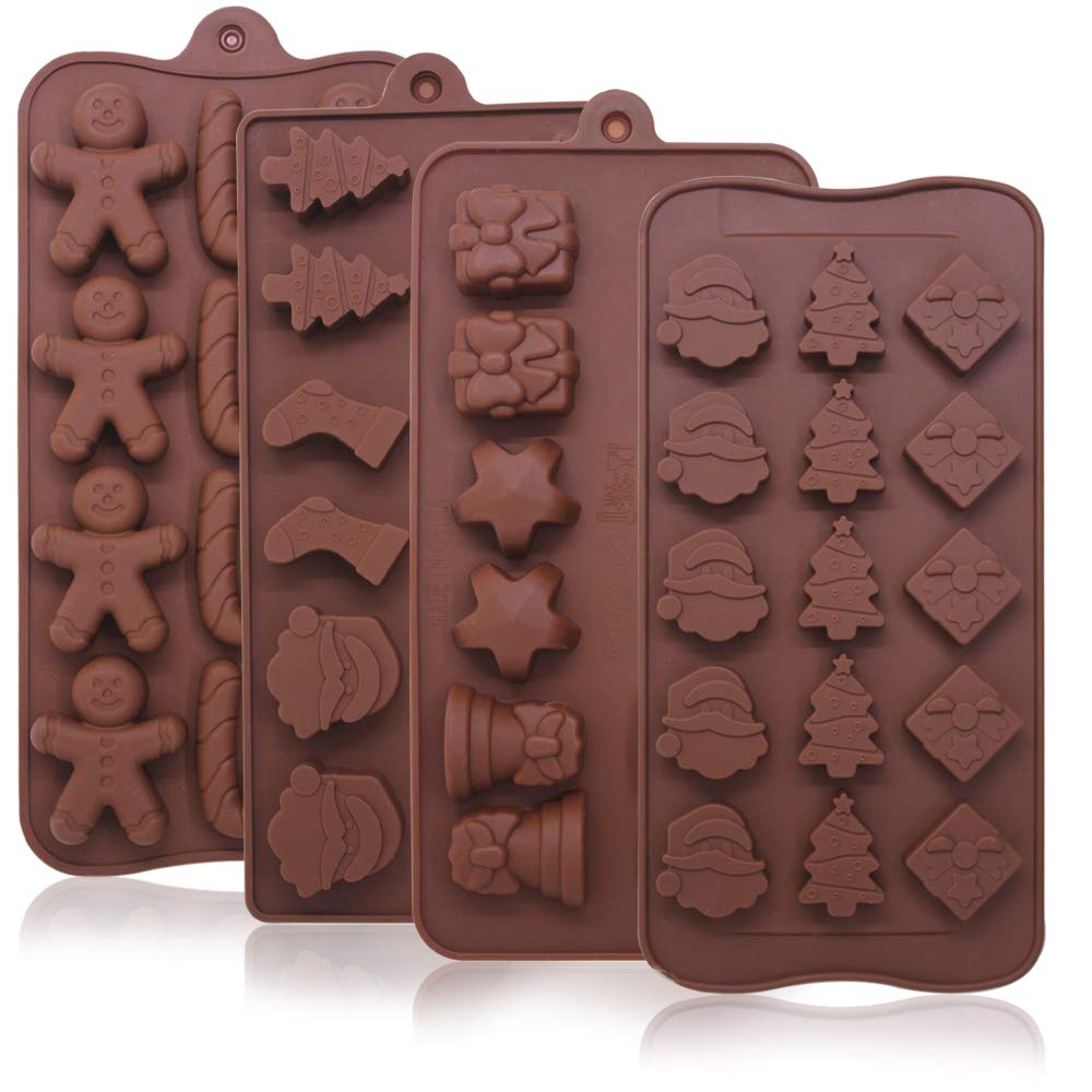 4 Pack Christmas Candy Molds Trays, Yucool Silicone Baking Chocolate Jelly Molds With Shapes Of Snowman,Socks,Candy Stick,Gift B