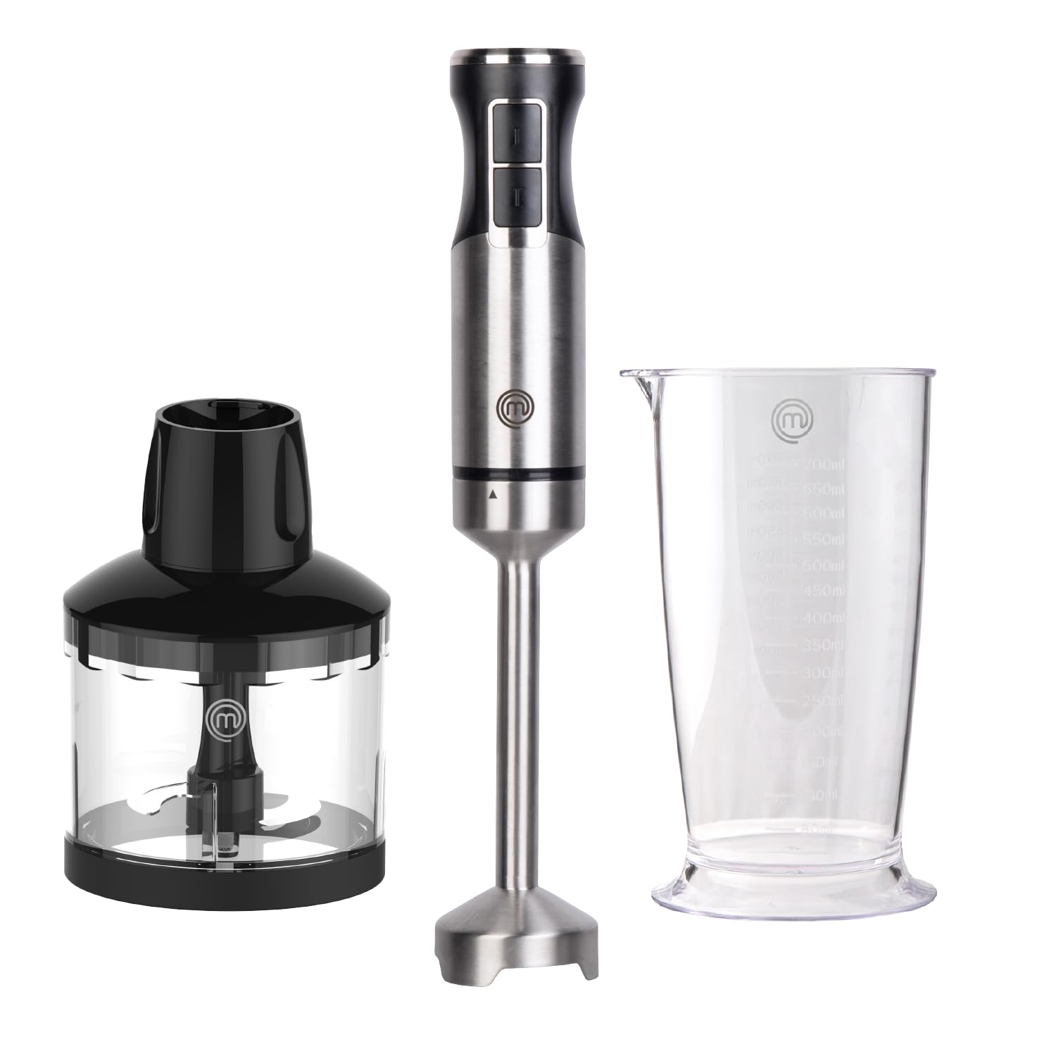 MasterChef Immersion Blender Handheld, Stainless Steel Hand Held Blending Stick Emulsifier with Chopper Attachment and Measuring