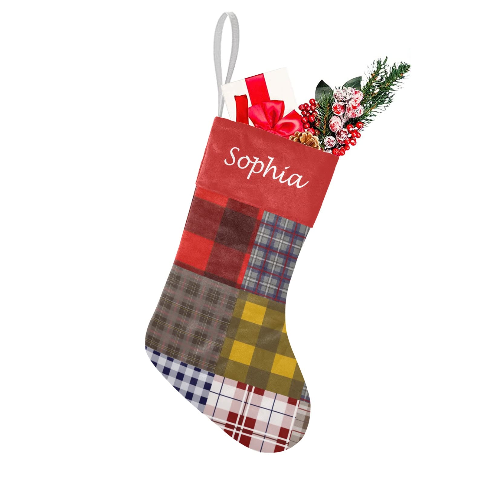 Plaid Patchwork Christmas Stockings Custom Name Party Family Decor Festive Santa Candy Gift Bag Socks 17.52 x 7.87 Inch