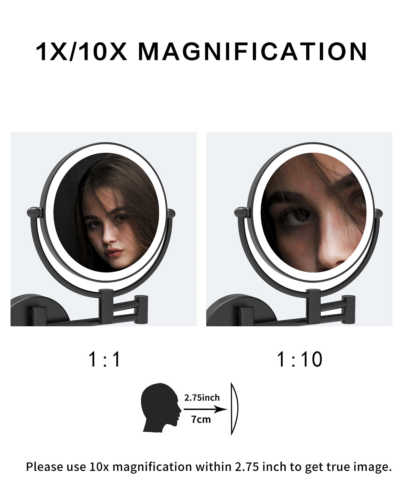 Fixsen 8 Inch Led Wall Mount Two-Sided Magnifying Makeup Vanity Mirror 12 Inch Extension Matte Black 1X/10X Magnification Plug 3