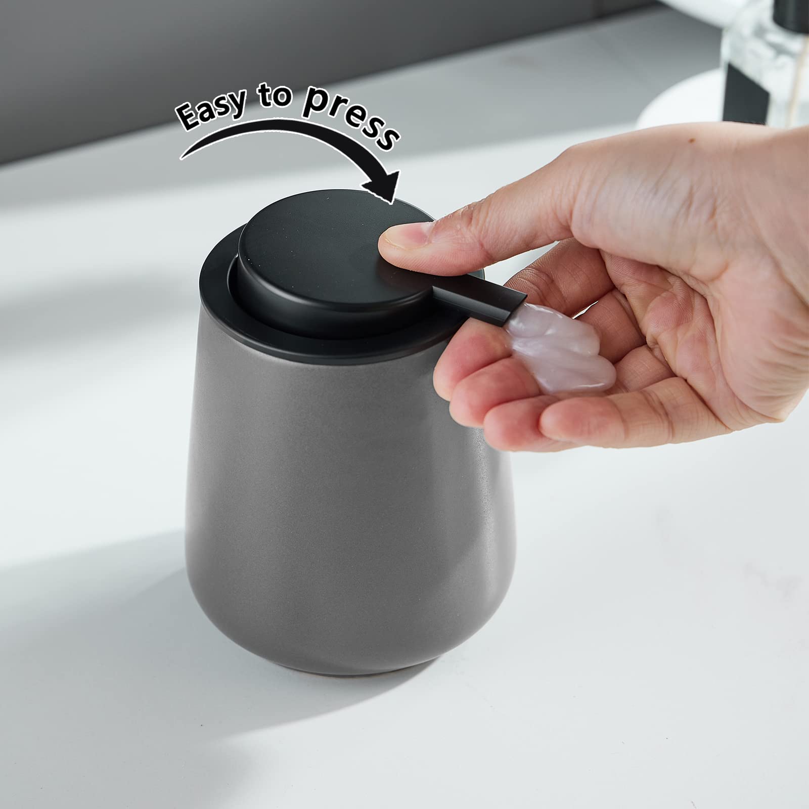 12Oz Grey Hand Soap Dispenser - Modern Ceramic Lotion Soap Dispenser With Easy-To-Press Black Pump, Reusable And Refillable Liqu