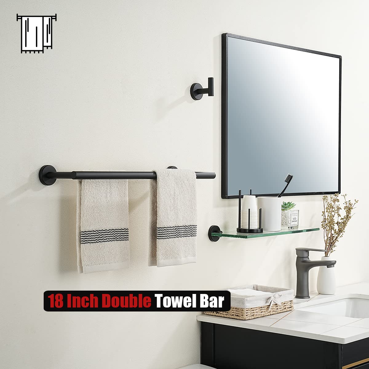 JQK Black Double Towel Bar  16 Inch 304 Stainless Steel Thicken 0.8mm Towel Rack Bathroom  Towel Holder Matte Black Wall Mount  Total Length 19.16 Inch  TB100L16-PB