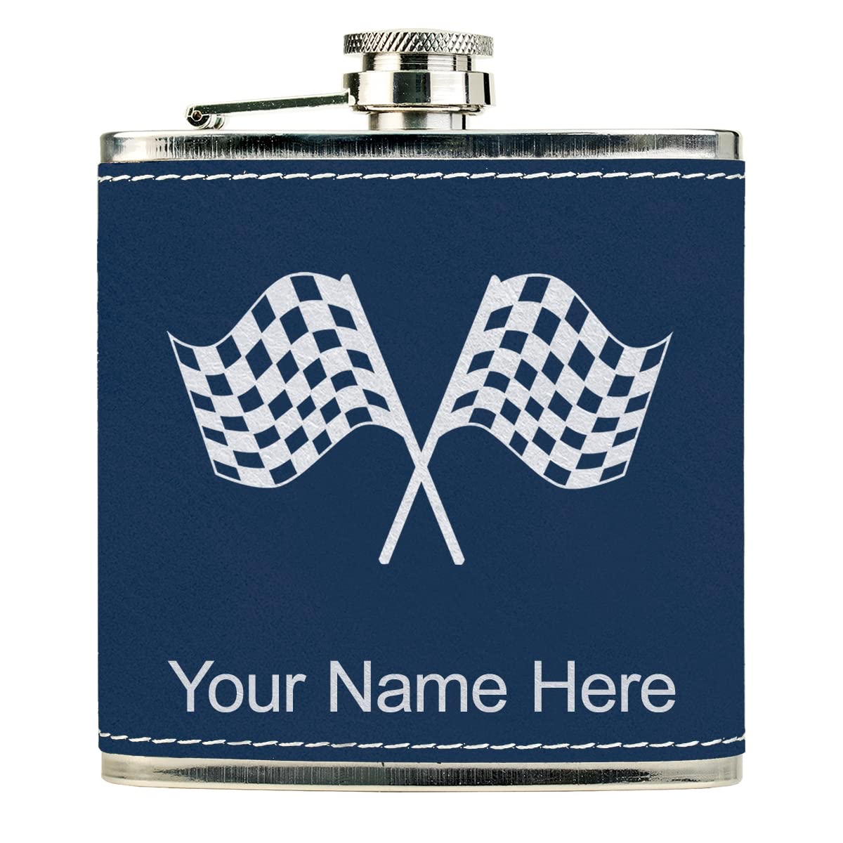 Faux Leather Flask, Racing Flags, Personalized Engraving Included (Dark Blue)