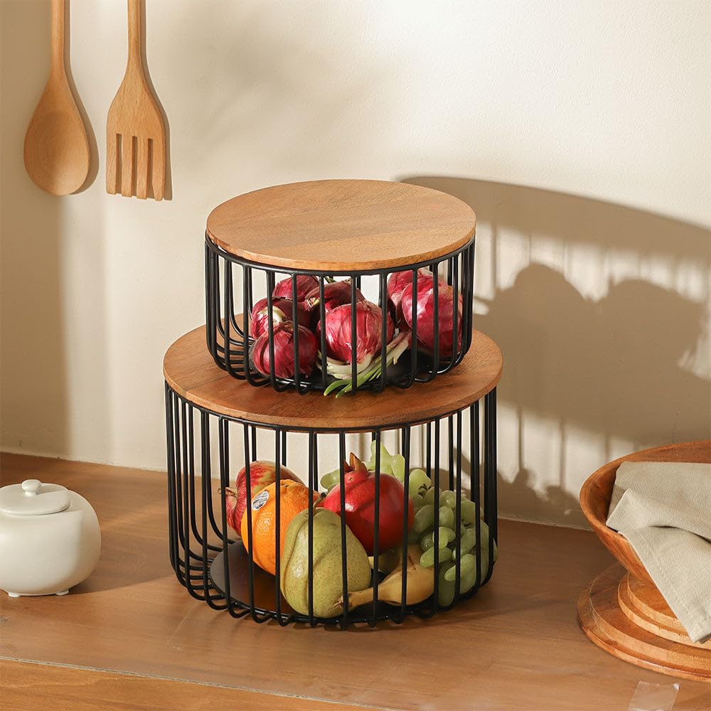 Esq Living Set Of 2 Stackable Wire Storage Baskets With Lids For Living Room| Organizer Bins For Kitchen Home Bedroom And Wardro