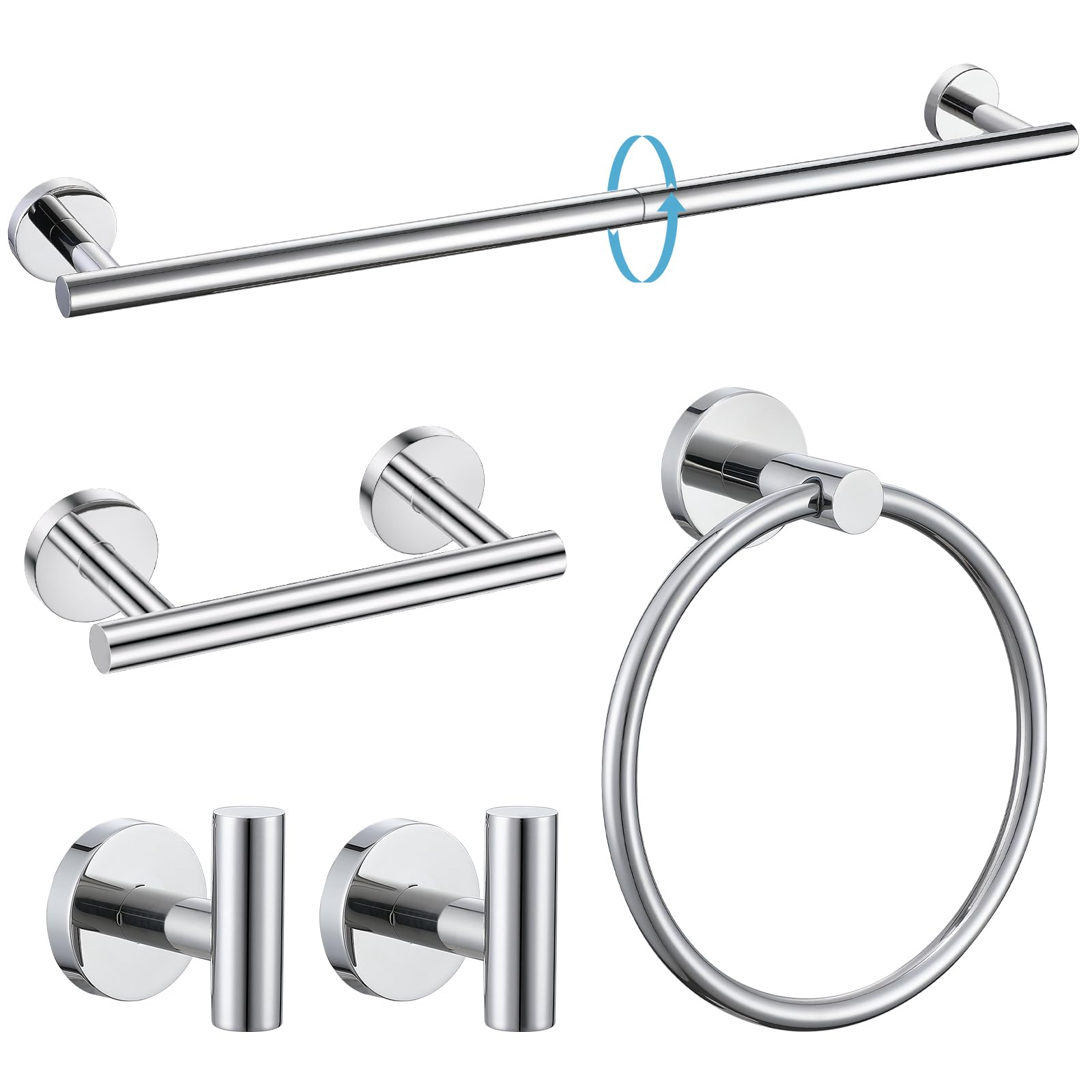 Turs Polished 5 Piece Bathroom Hardware Set, 24 Inch Bath Towel Bar Set, Round Bathroom Accessories Kit Wall Mounted Sus304 Stai