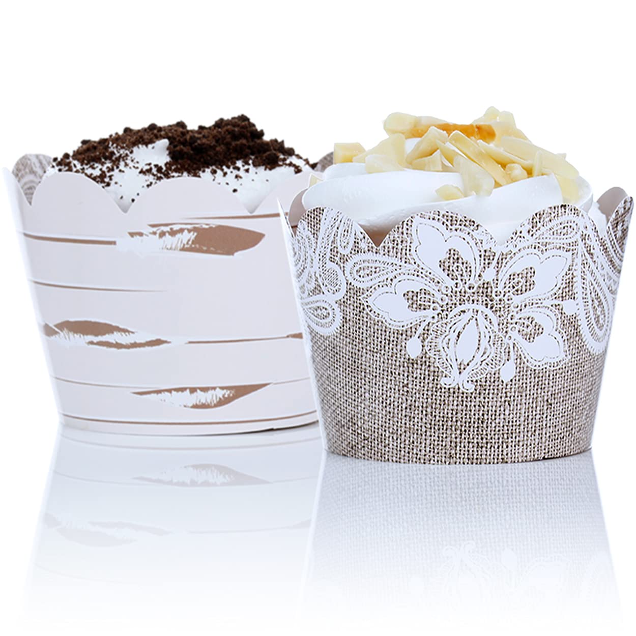 Burlap And Lace Cupcake Wrappers, 48 Count - Rustic Birch And Wood Grain Design, Burlap Cupcake Wrappers For Weddings And Partie