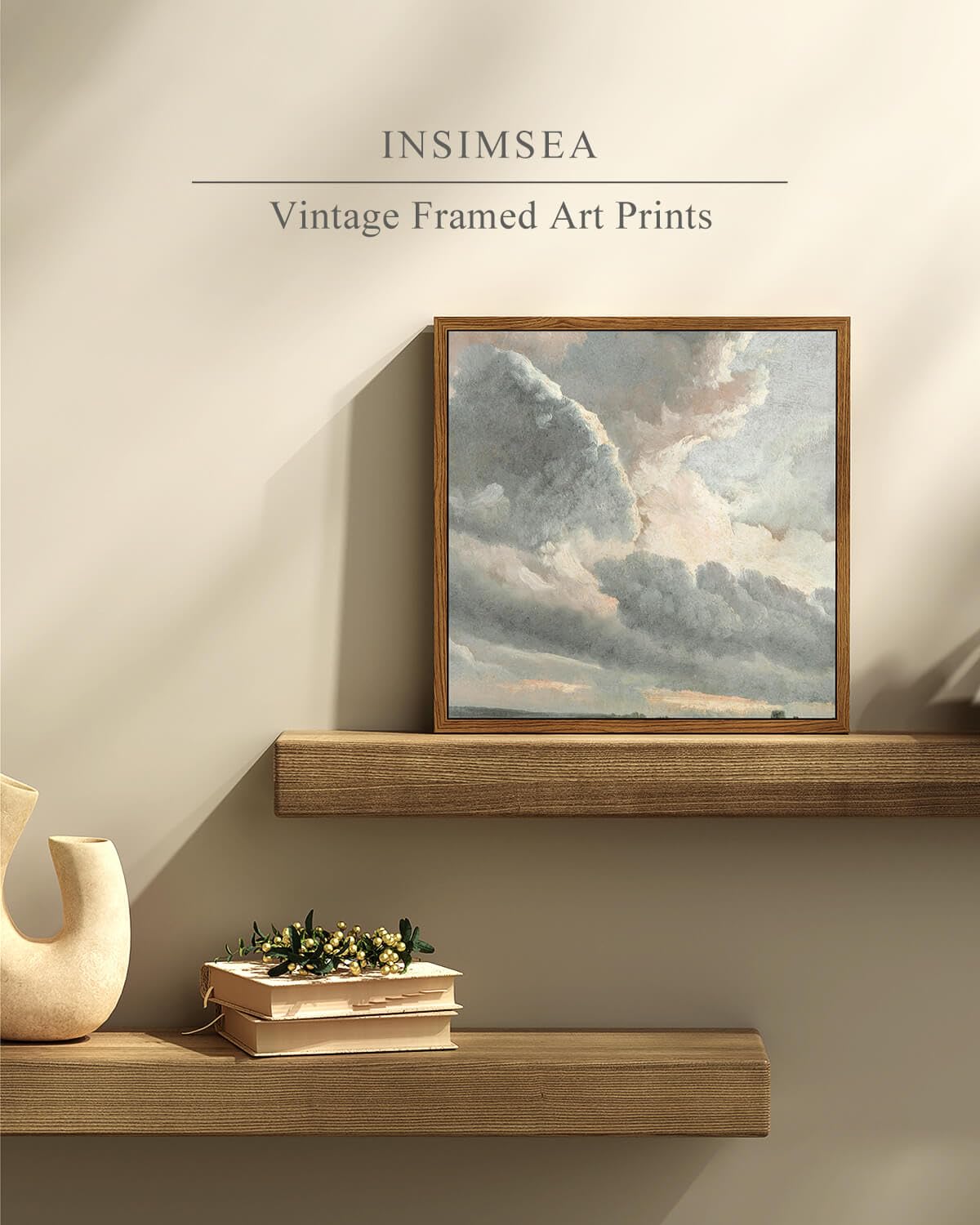 Insimsea Square Framed Canvas Wall Art, Vintage Prints Sky Clouds Sunset Wall Art Decor For Living Room, Classical Nature Wall A