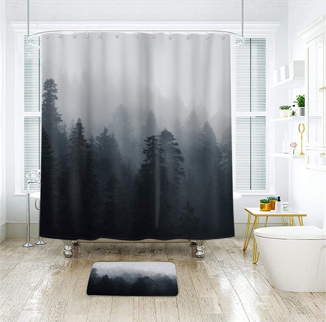 Riyidecor Gothic Fabric Dark Mens Shower Curtain Set For Bathroom 72Wx72H Inch Nature Tree Spooky Mountain Foggy Woodland Bath C