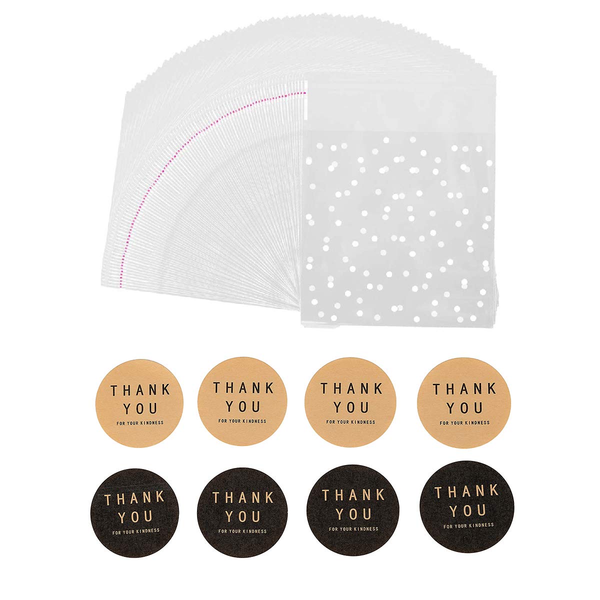 400Pcs White Polka Dot Treat Bags Self Adhesive Candy Cookie Bags, 200 Clear Cellophane Bags + 200 Thank You Sticker For Bakery