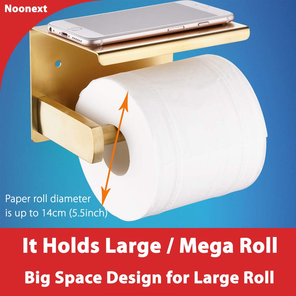 Adhesive Toilet Paper Holder with Shelf  SUS304 Stainless Steel Toilet Paper Roll Holder  Brushed Gold  No Drilling or Wall-Mounted with Screws