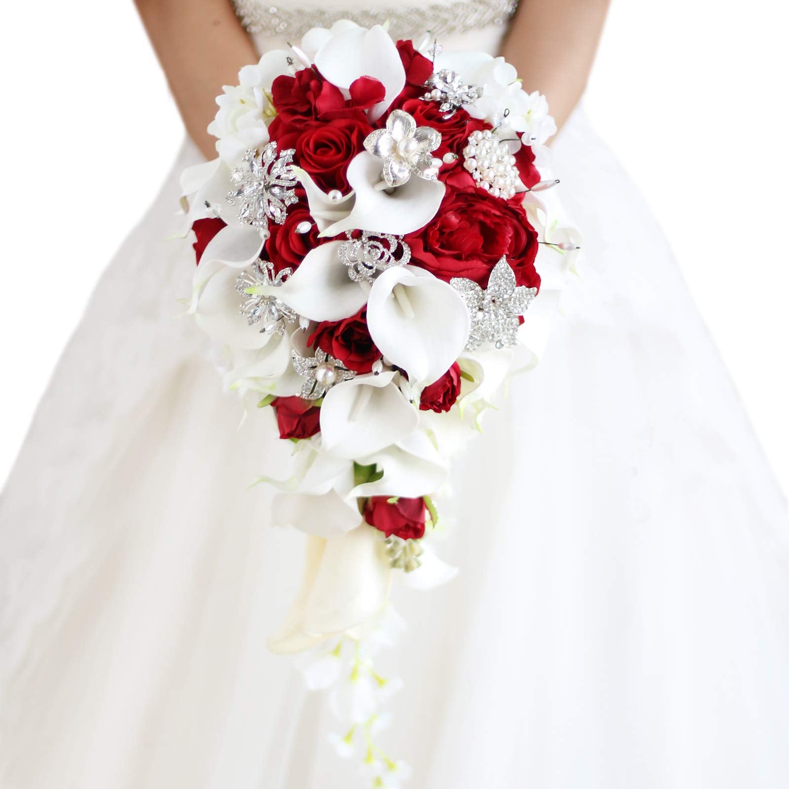 IFFO Bridal Bouquets for Wedding, Calla Lilies Simulation Rose Diamonds Pearl Bride Wedding Bouquet, Romantic Wedding Party Deco