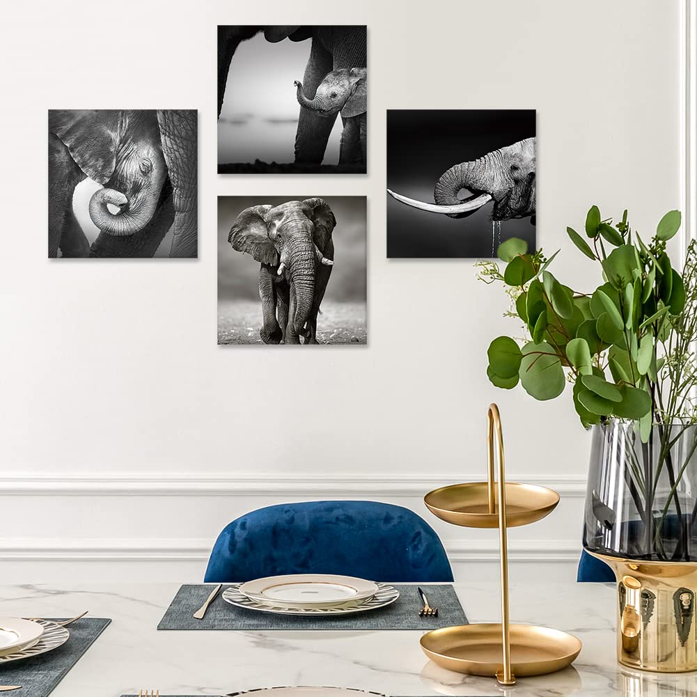 Otostar 4 Pieces Wall Art Canvas Prints - Grey-Elephant Family - Picture Painting - Modern Wall Artwork Framed For Gifts Bathroo