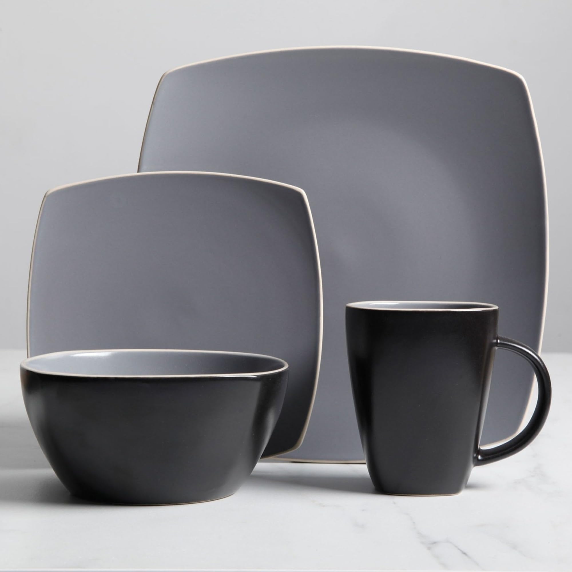 Gibson Home Soho Lounge 16 Piece Soft Square Stoneware Dinnerware Set in Grey Matte