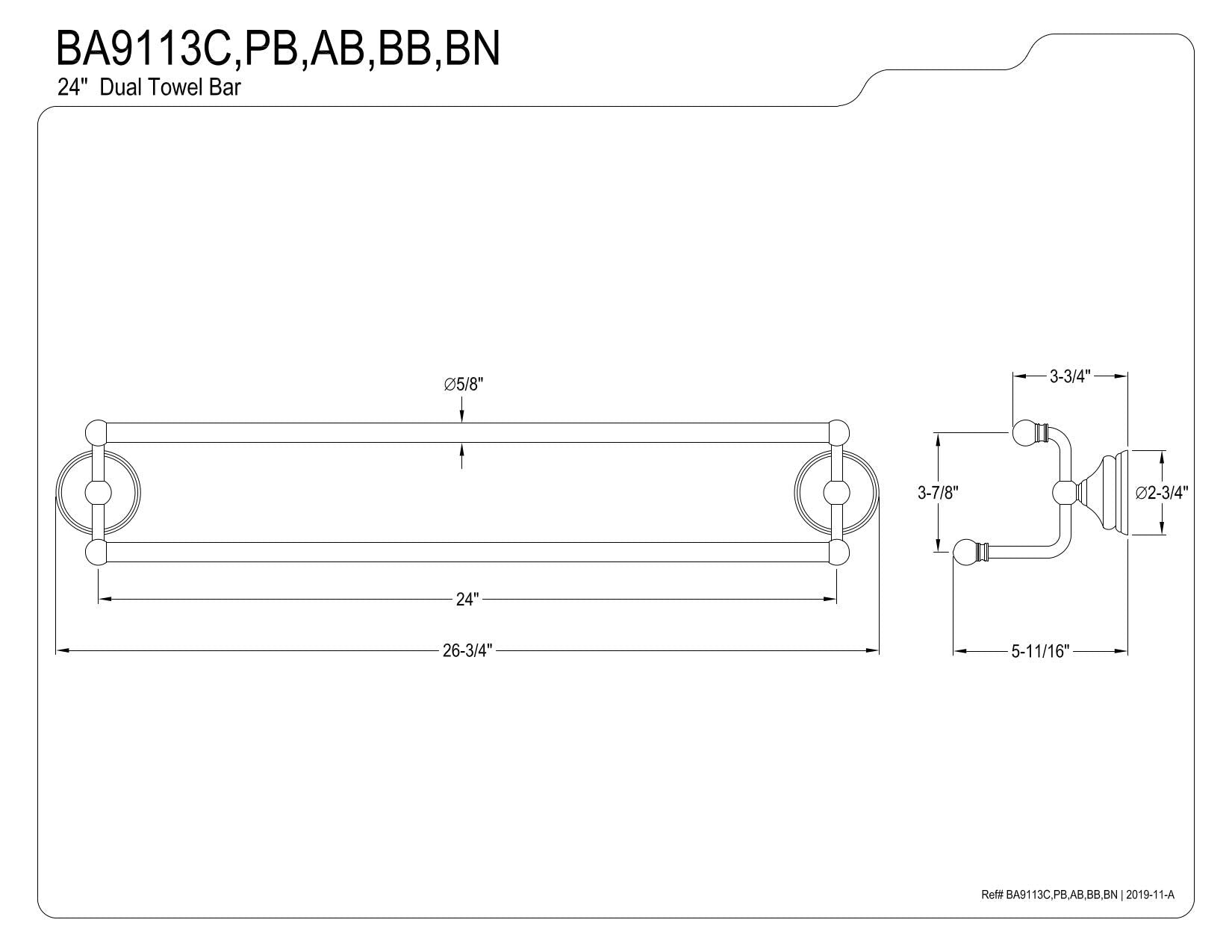 Kingston Brass BA9113BB Water Onyx 24 in. Dual Towel Bar  Brushed Brass