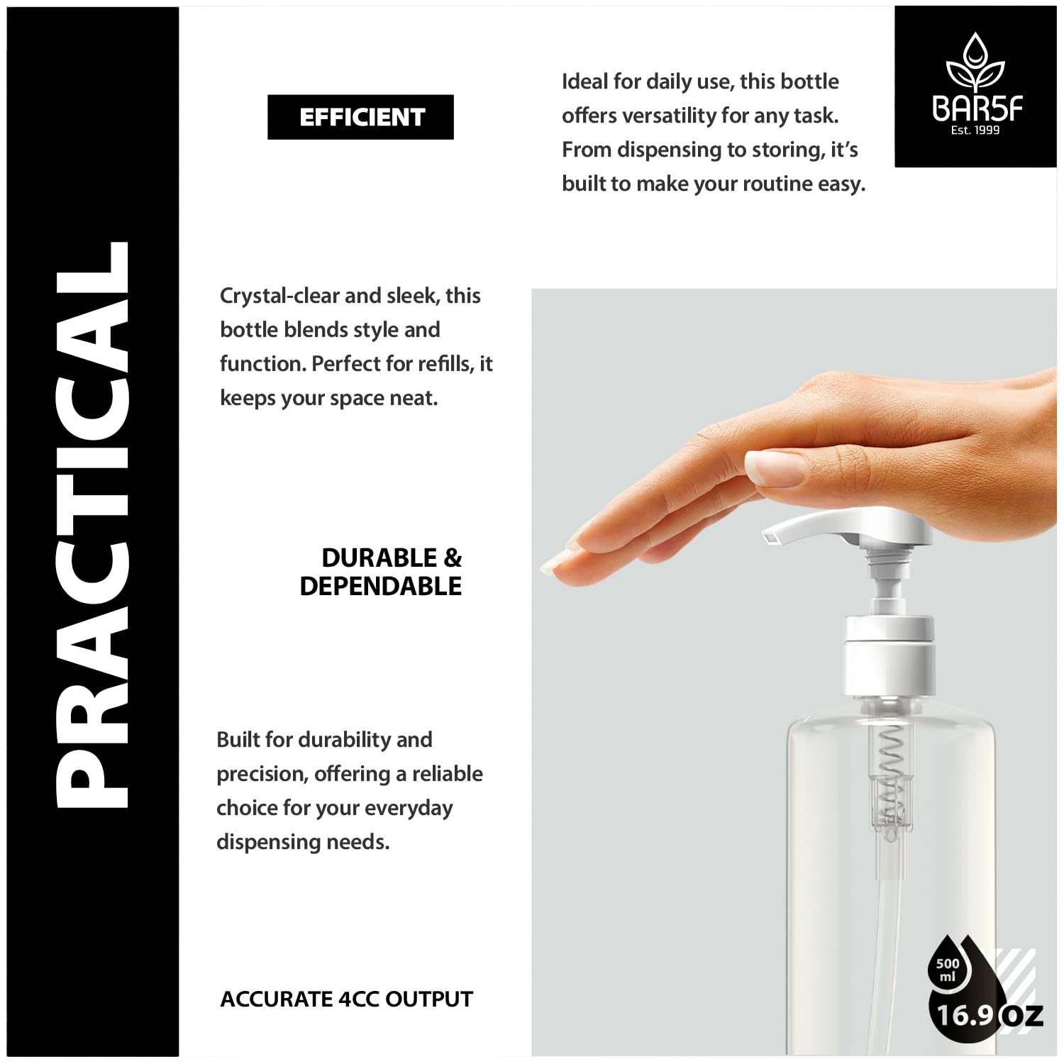 Bar5F Plastic Lotion Bottles with Black & White Pumps  16 oz  Leak Proof  Empty Clear Cylinder  Refillable  BPA Free for Shampoo  Moisturizer  Face Cream  Liquid Hand Soap  Pack of 2