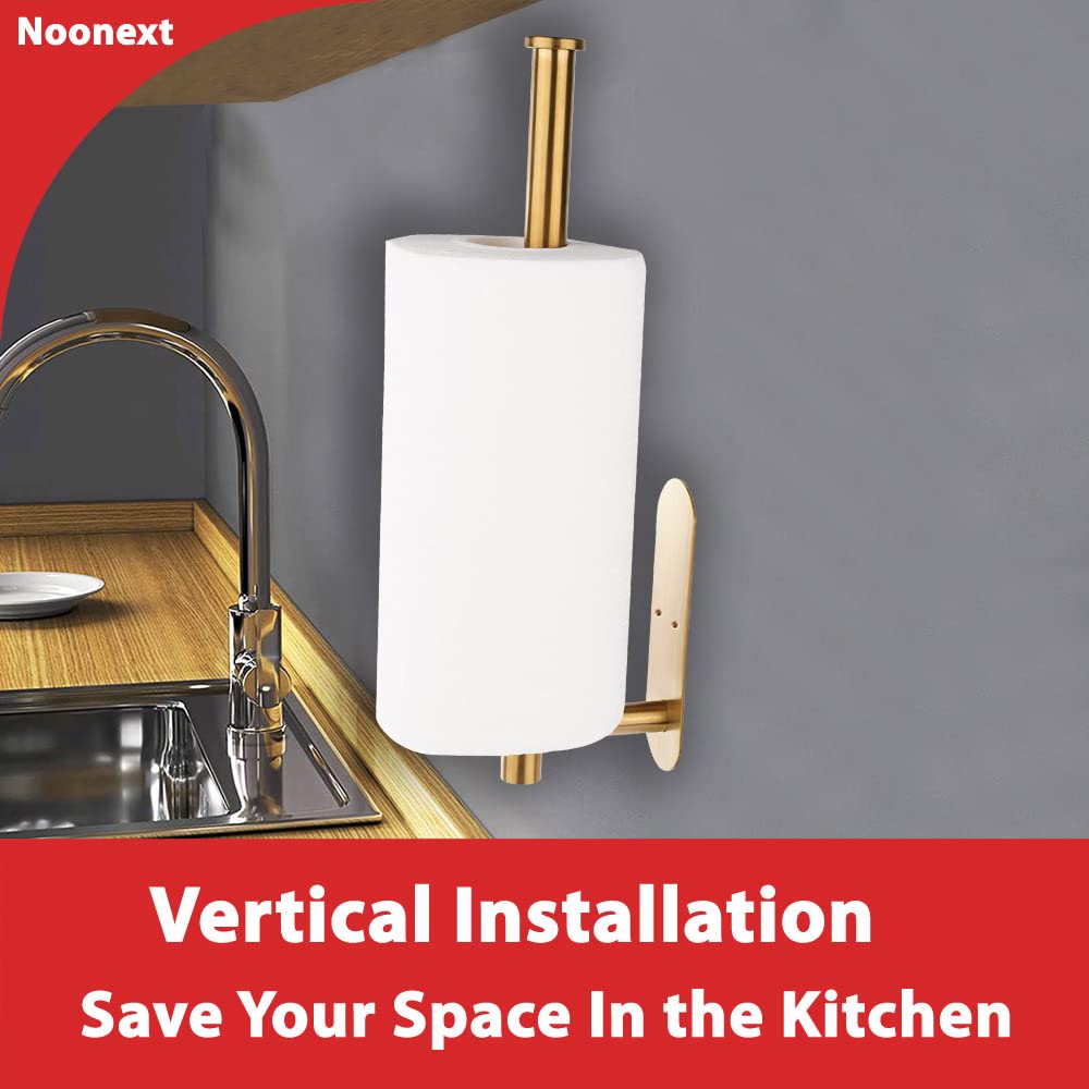 Self Adhesive Paper Towel Holder ?2021 Upgraded?- Under Cabinet Paper Towel Rack for Kitchen  SUS304 Brushed Stainless Steel  12 Inch Bar - Fits All Roll Sizes  No Drilling (Gold)