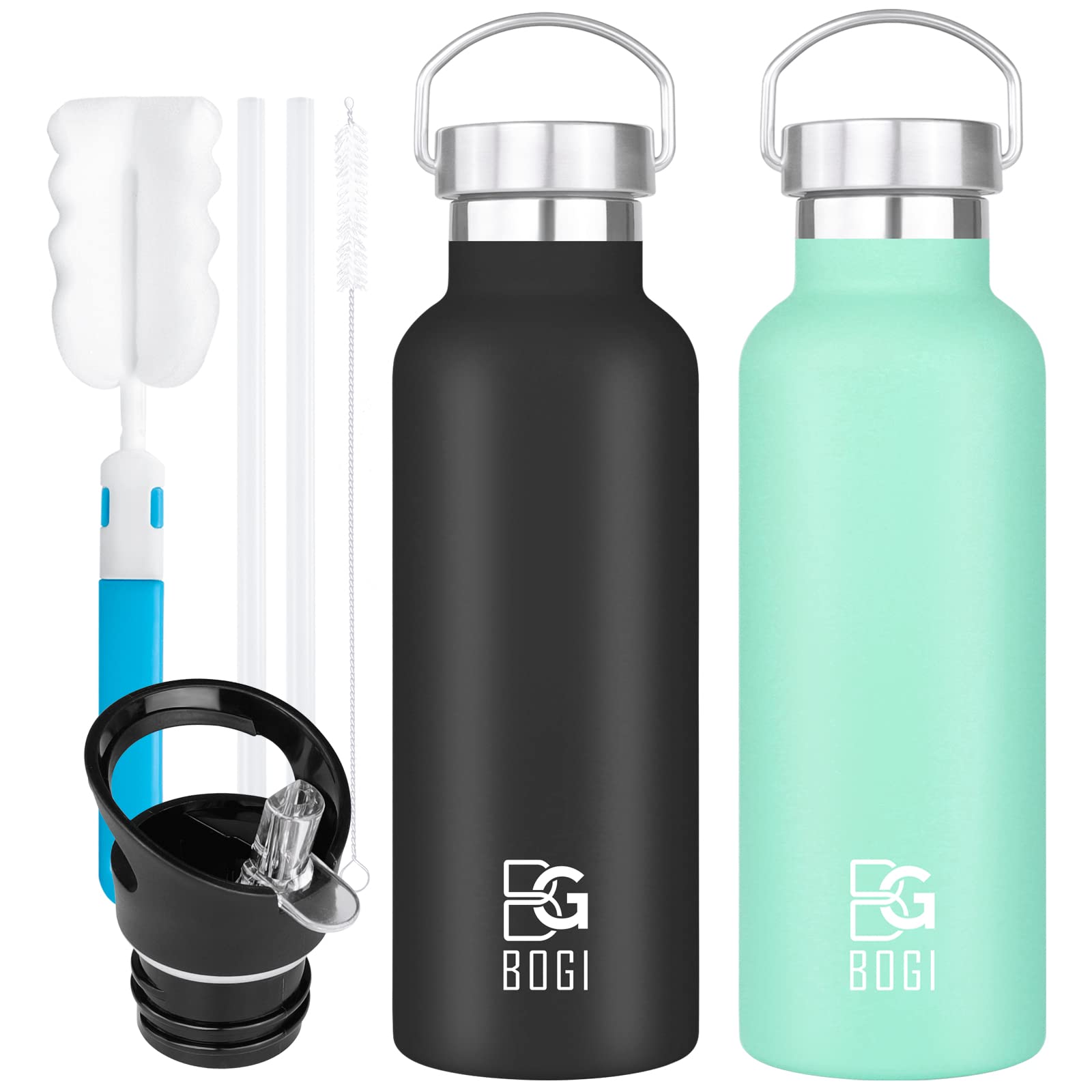 BOGI Stainless Steel Water Bottle  2 Pack 20oz Vacuum Insulated Water Bottle with Straw Lid  BPA Free Leakproof Wide Mouth Water Bottle-Keep Liquids Hot or Cold for Outdoor Sports Camping (Black&Mint)