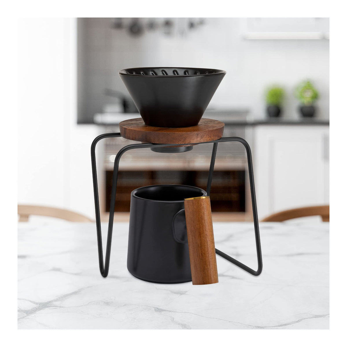 Chefwave Artisan Series Pour-Over Coffee Maker Set With Ceramic Cone, Wood Ring And Stainless Steel Stand, 1-2 Cup Personal Size