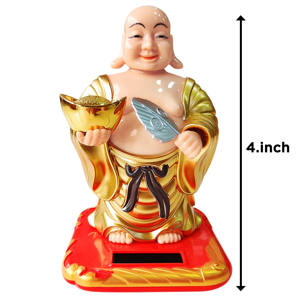 Shubhanjali Feng Shui Waving Fan and Ignot with Solar Laughing Buddha Statue for Home Decor Items Car Dashboard Accessories Gift