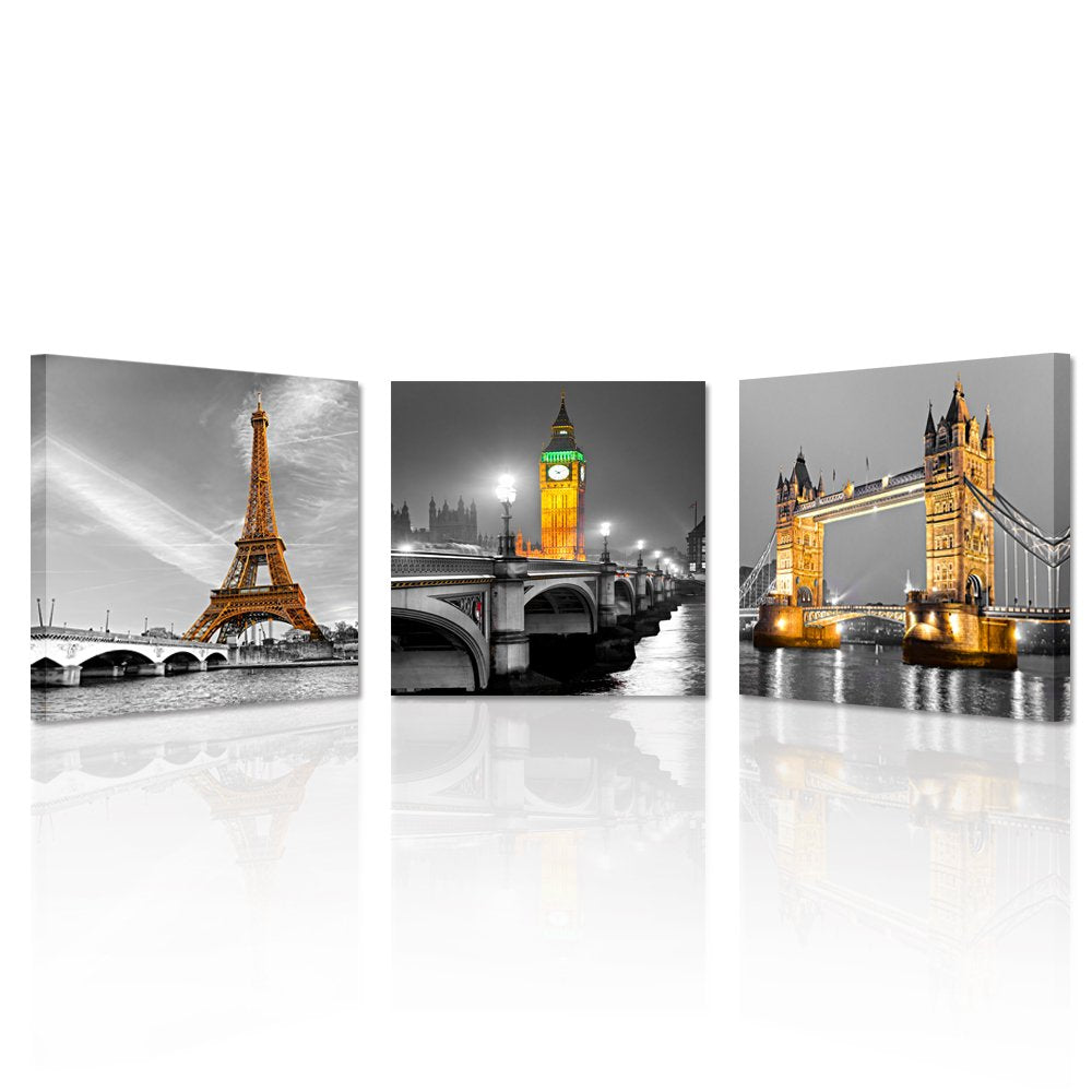 Kreative Arts - 3 Panel Paris Effiel Tower Canvas Painting Picture City Building London Bridge Big Ben Landscape Wall Art Modern