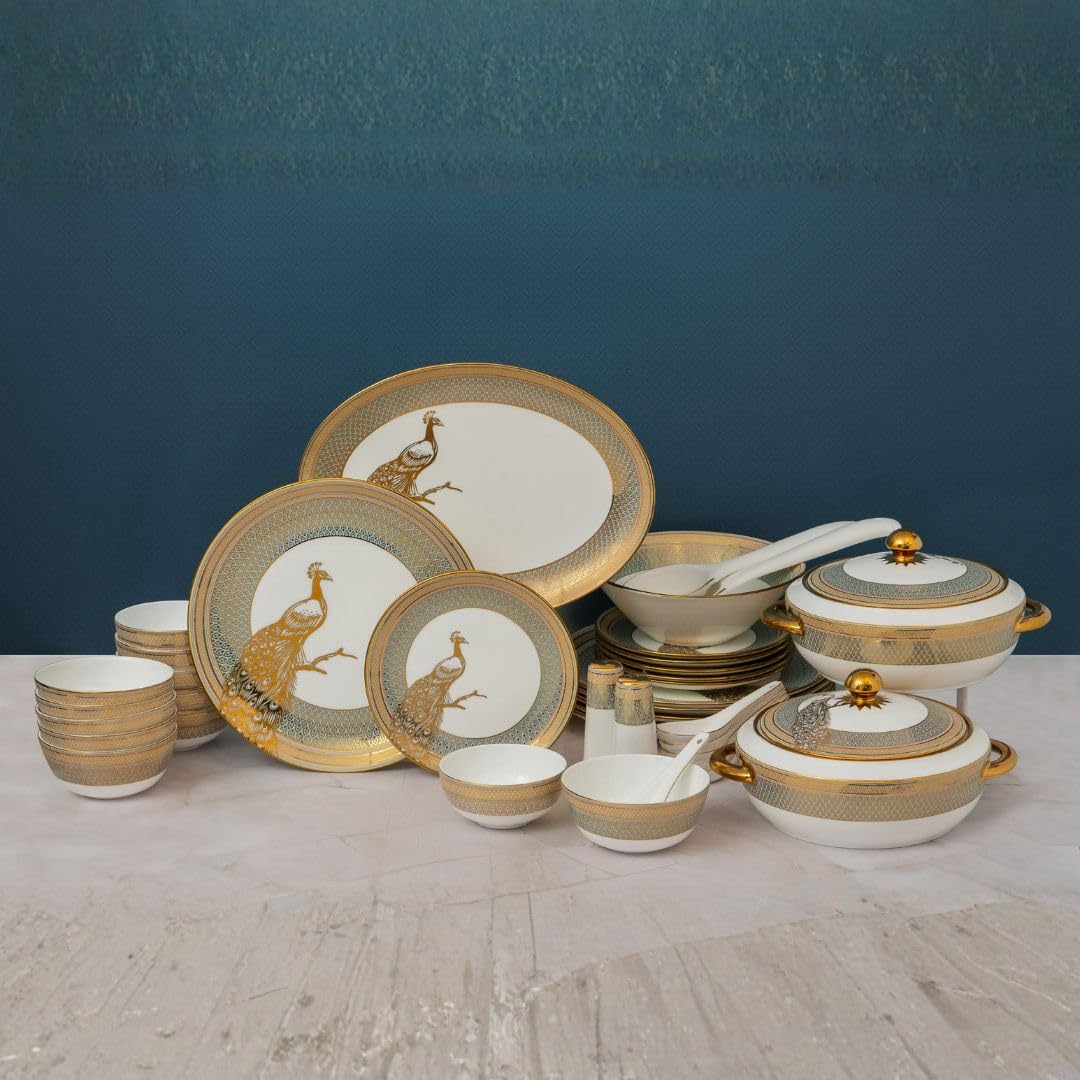 Clay Craft Urmi Peacock Golden 40 Piece Dinner Set | For Family Of 6 | Dinner Plates, Bowls & Serving Set | Elegant Design | For