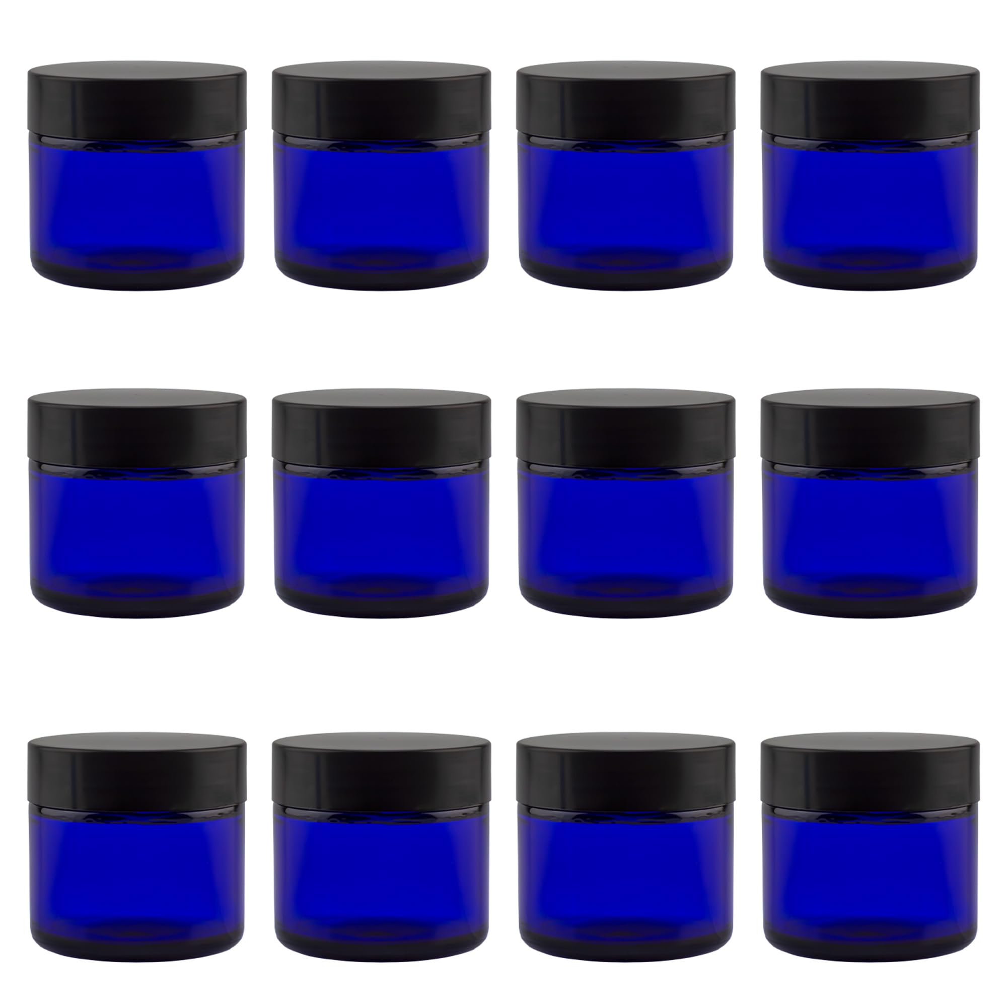 Cornucopia 2oz Cobalt Blue Glass Cosmetic Jars (12-Pack); Straight Sided Jars w/Black Plastic Lined Lids for Balms, Cosmetics, C