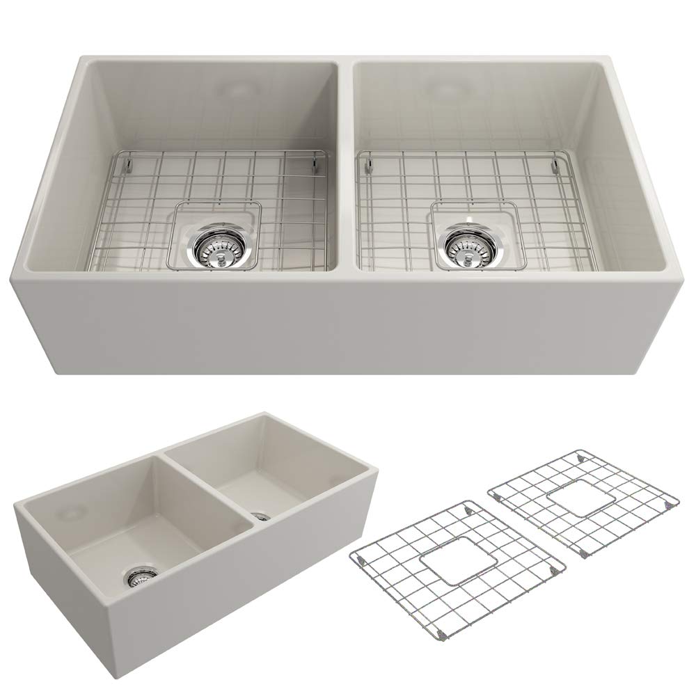 BOCCHI Contempo Farmhouse Apron Front Fireclay 36 in. Double Bowl Kitchen Sink with Protective Bottom Grid and Strainer in Biscu