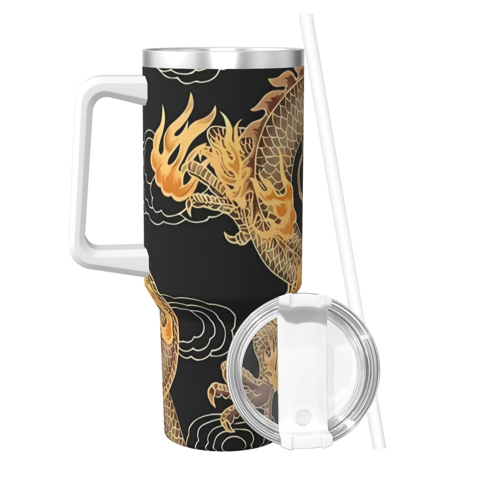 PTONUIC Oriental dragon 40 oz Tumbler with Handle and Straw Lid | Insulated Cup Reusable Stainless Steel Water Bottle Travel Mug