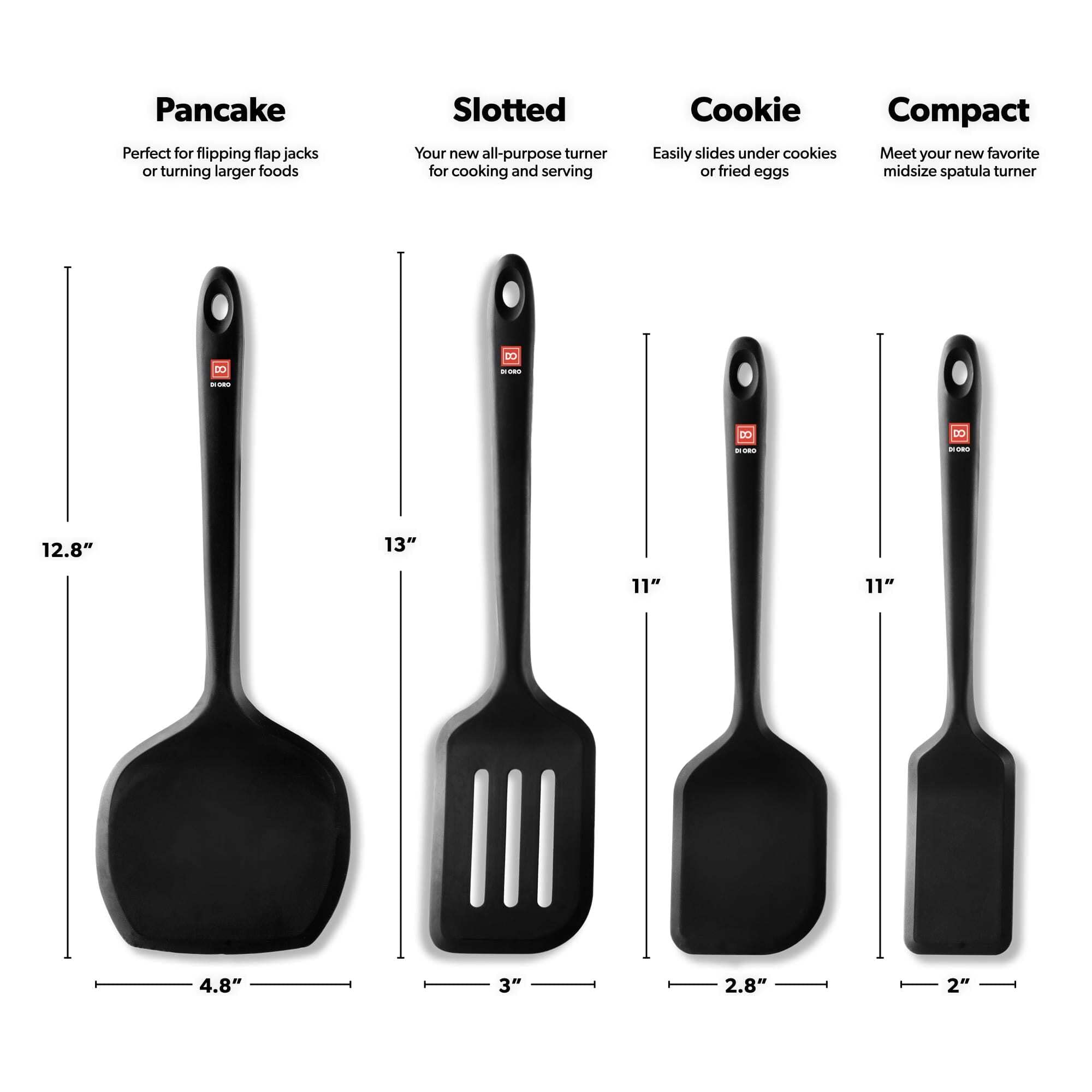 Di Oro Silicone Turner Spatula Set - Kitchen Spatulas For Nonstick Cookware - Cooking Utensils For Flipping Eggs & Pancakes - 60