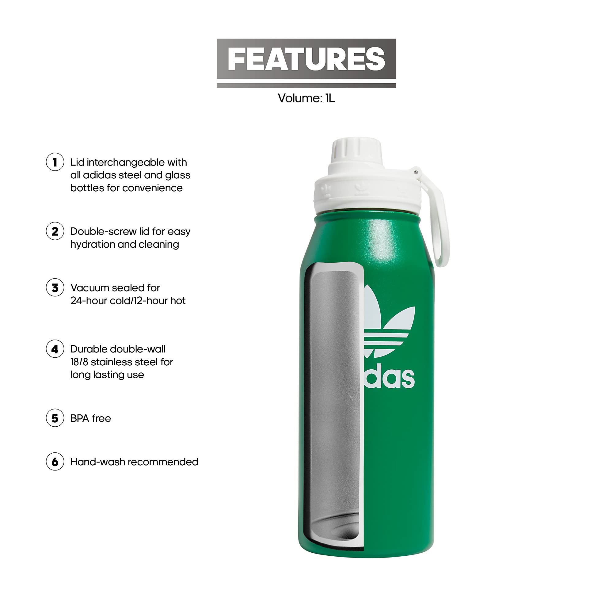 Adidas Originals 1 Liter (32 Oz) Metal Water Bottle, Hot/Cold Double-Walled Insulated 18/8 Stainless Steel, Green/White, One Siz