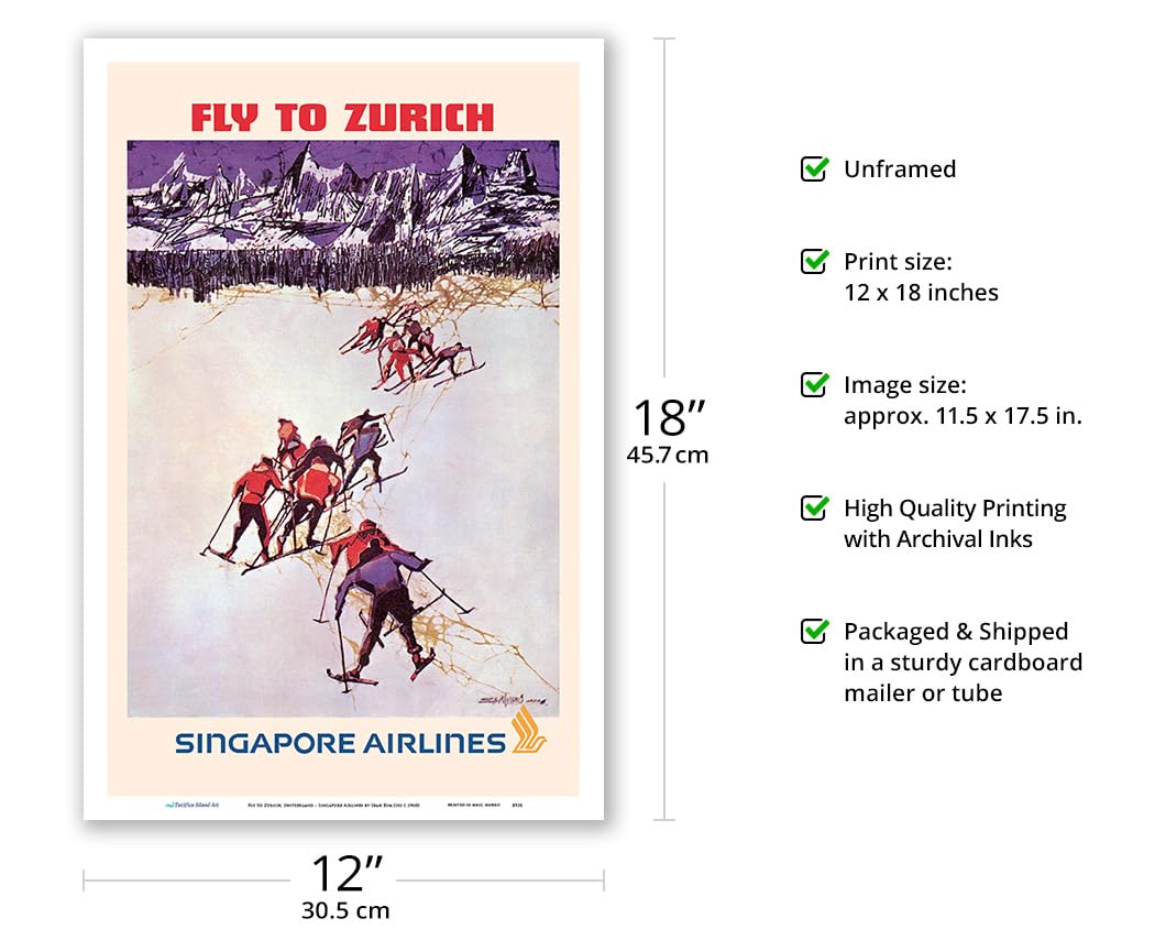 Fly To Zurich Switzerland - Skiing - Singapore Airlines - Vintage Airline Travel Poster By Seah Kim Joo C.1960S - Master Art Pri