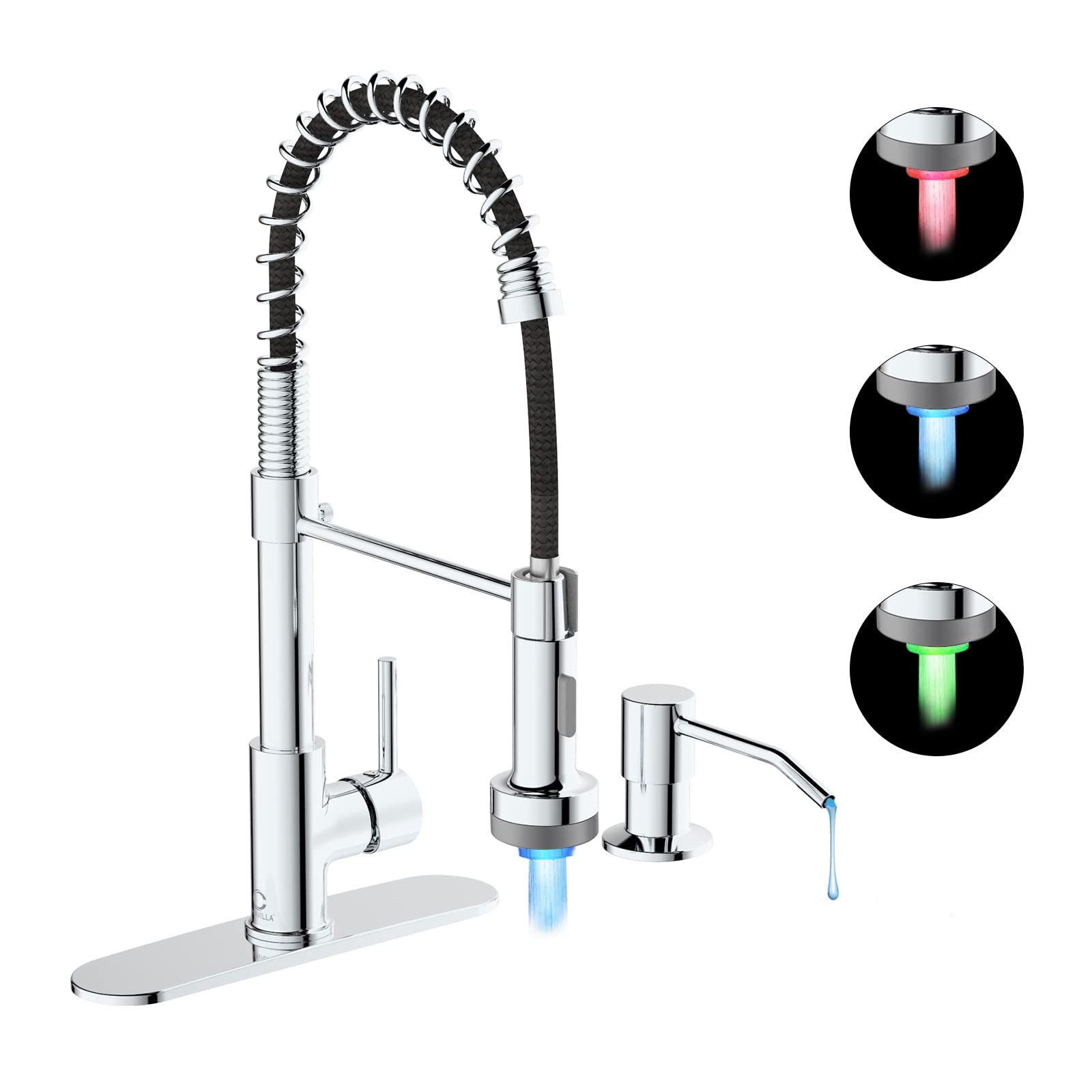 Kitchen Faucet with LED Light, Chrome Faucet with Soap Dispenser, Faucet for Kitchen Sink, Single Handle Stainless Steel Kitchen