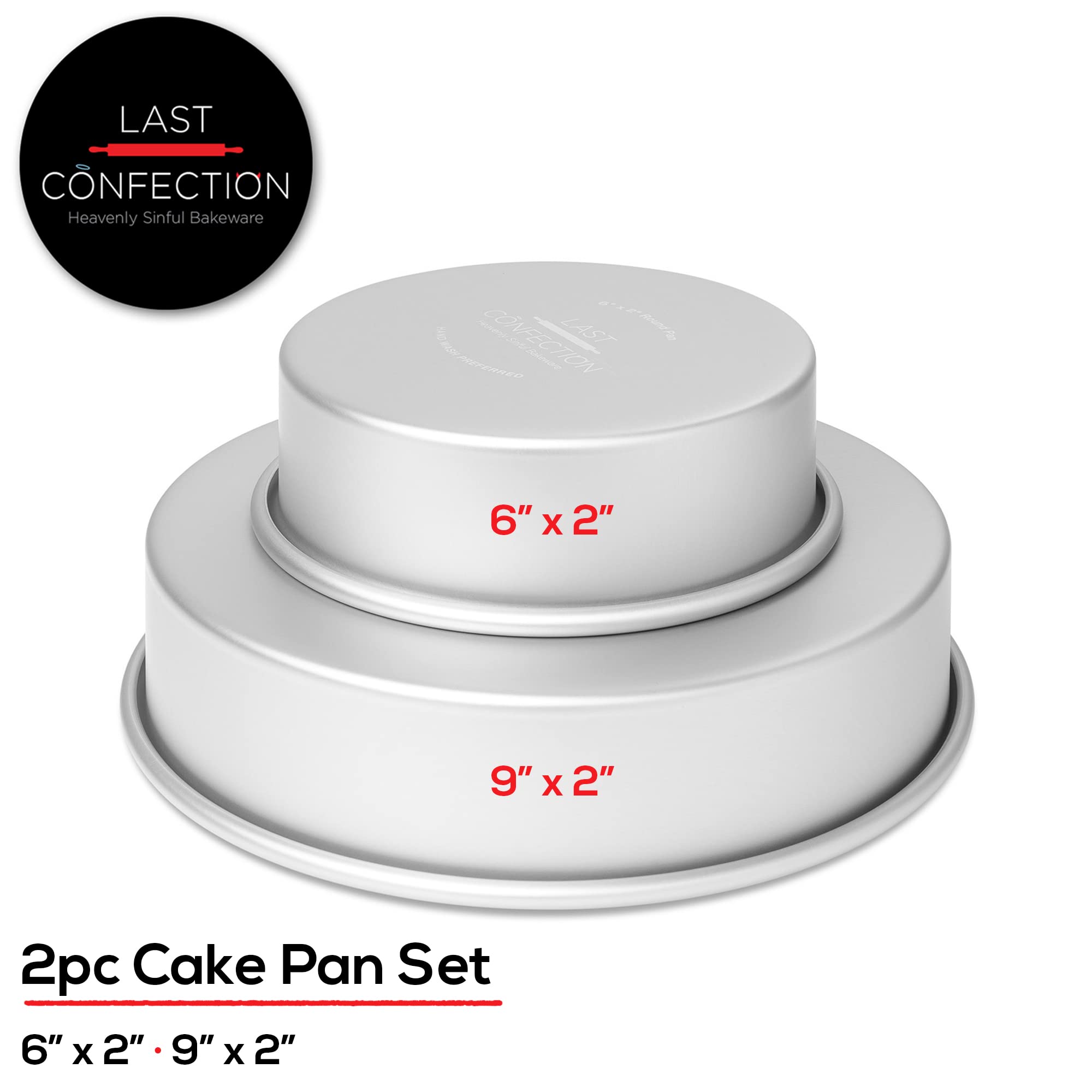 Last Confection 2-Piece Round Cake Pan Set - Includes 6'' And 9'' Aluminum Pans - 2'' Deep