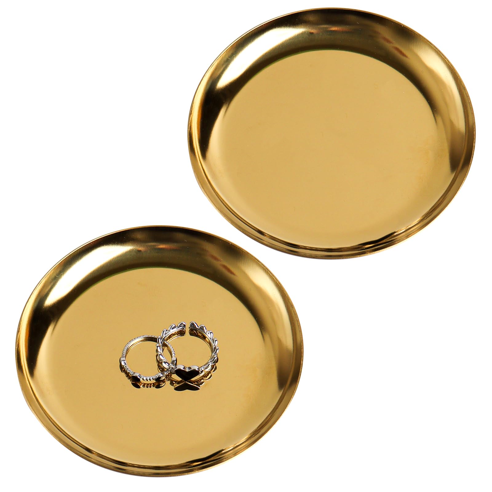 Wexpw 2 Pack Gold Jewelry Dish Plate 4Inch Stainless Steel Small Gold Decorative Jewelry Tray Golden Tray Round Metal Tray Gold