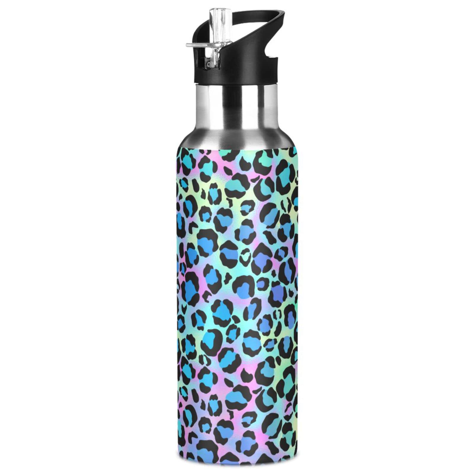 Moudou Leopard Water Bottle With Straw Lid, 33Oz Leakproof Double Wall Vacuum Insulated Stainless Steel Water Bottle For Sports,