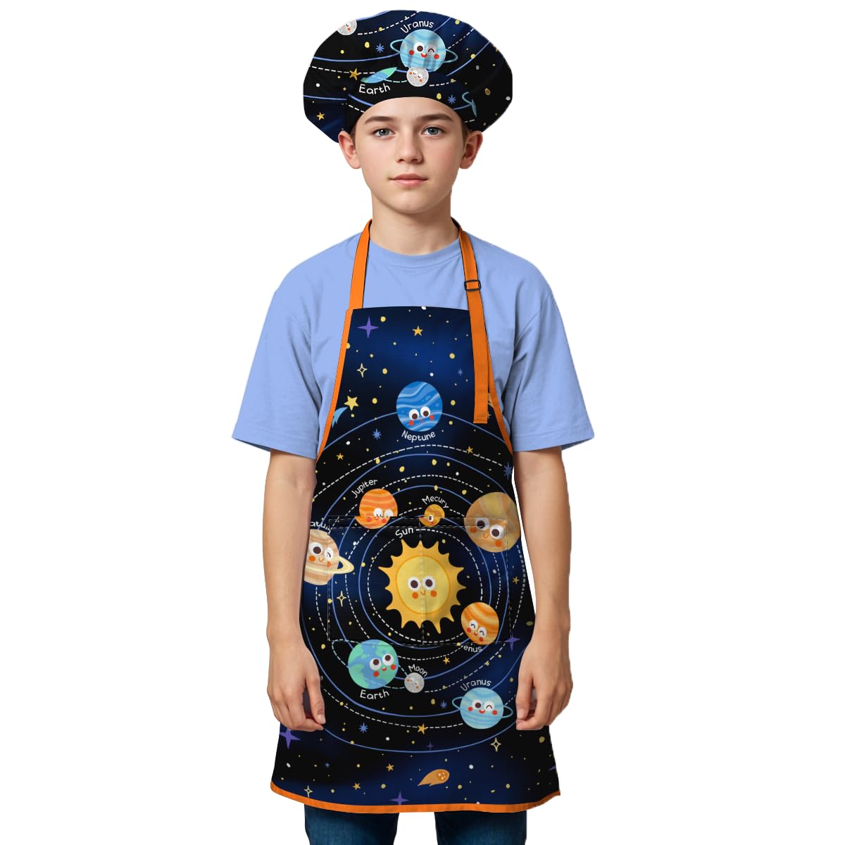 SANDJEST Solar System Apron with Front Pocket, 2Pcs Kid Apron and Chef Hat, Chef Gifts for Kids Toddlers Cooking Baking Gardenin