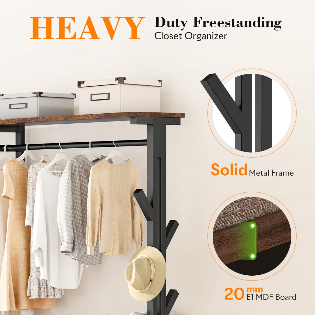 Hokeeper 650Lbs Capacity Heavy Duty Clothing Rack With Shelves Freestanding Closet Organizer With Hooks Metal Wardrobe Closet Or