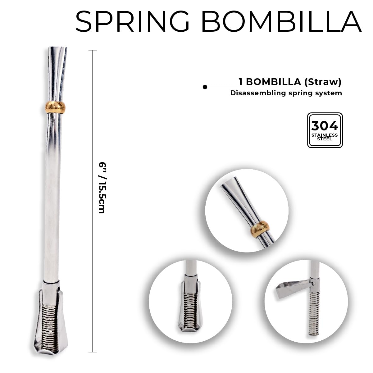 Gaucho-Market Stainless Steel Yerba Mate Spring Bombilla (Straw) Made In Argentina, With Bronze Heat Difusor. Unique Disassembli
