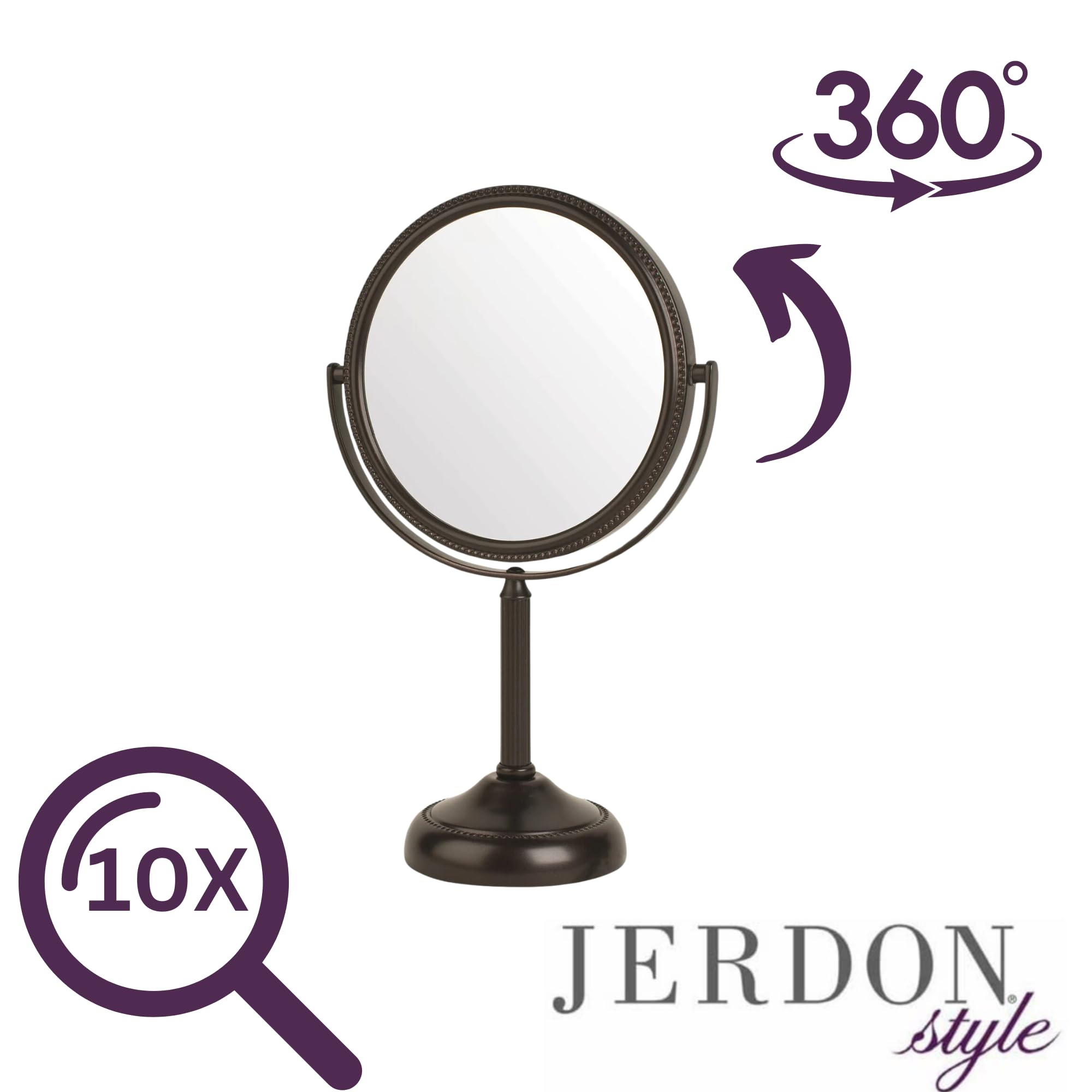 Jerdon Two-Sided Tabletop Makeup Vanity Mirror - 10X-1X Magnification & Swivel Design - 6-Inch Diameter Portable Mirror - Bronze