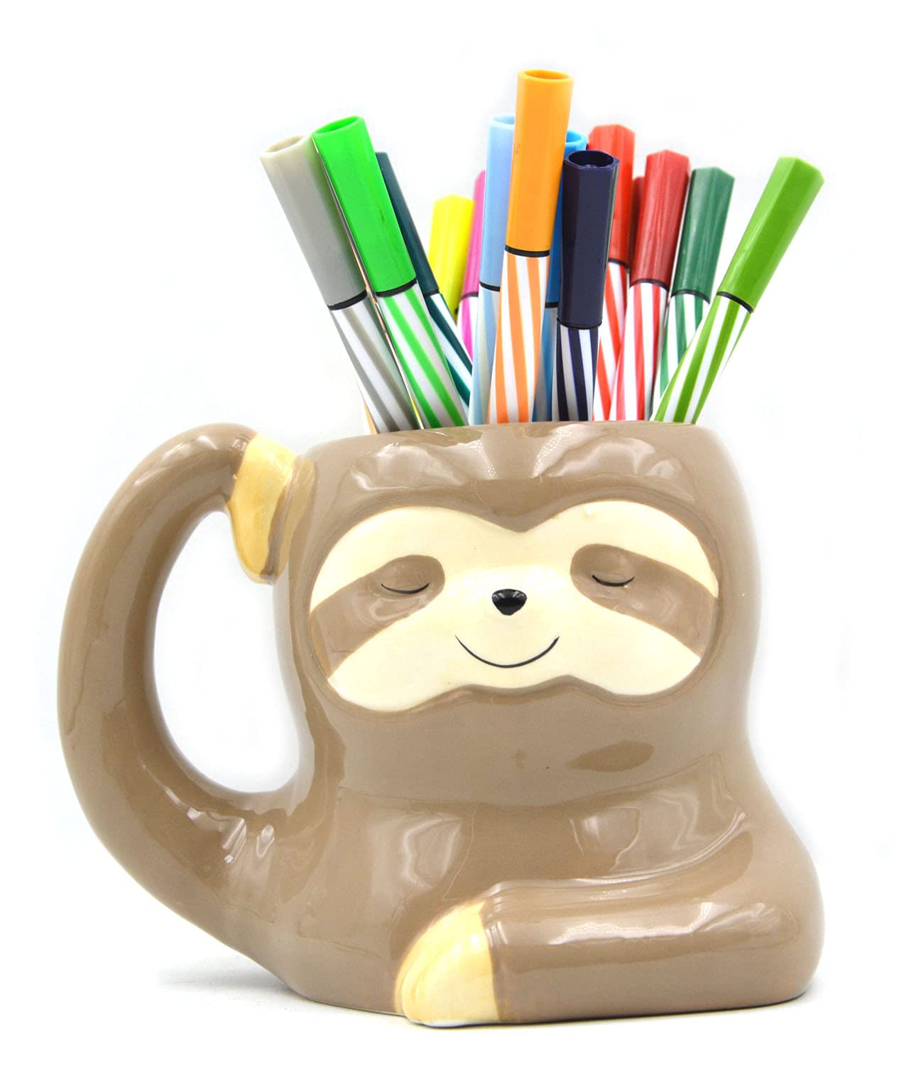 Monmob 3.9 Inch Ceramic Sloth Shaped Cup Pen Holder Pencil Holder/Sloth Toothbrush Holder Cup Brush Holder Cute Desk Accessories