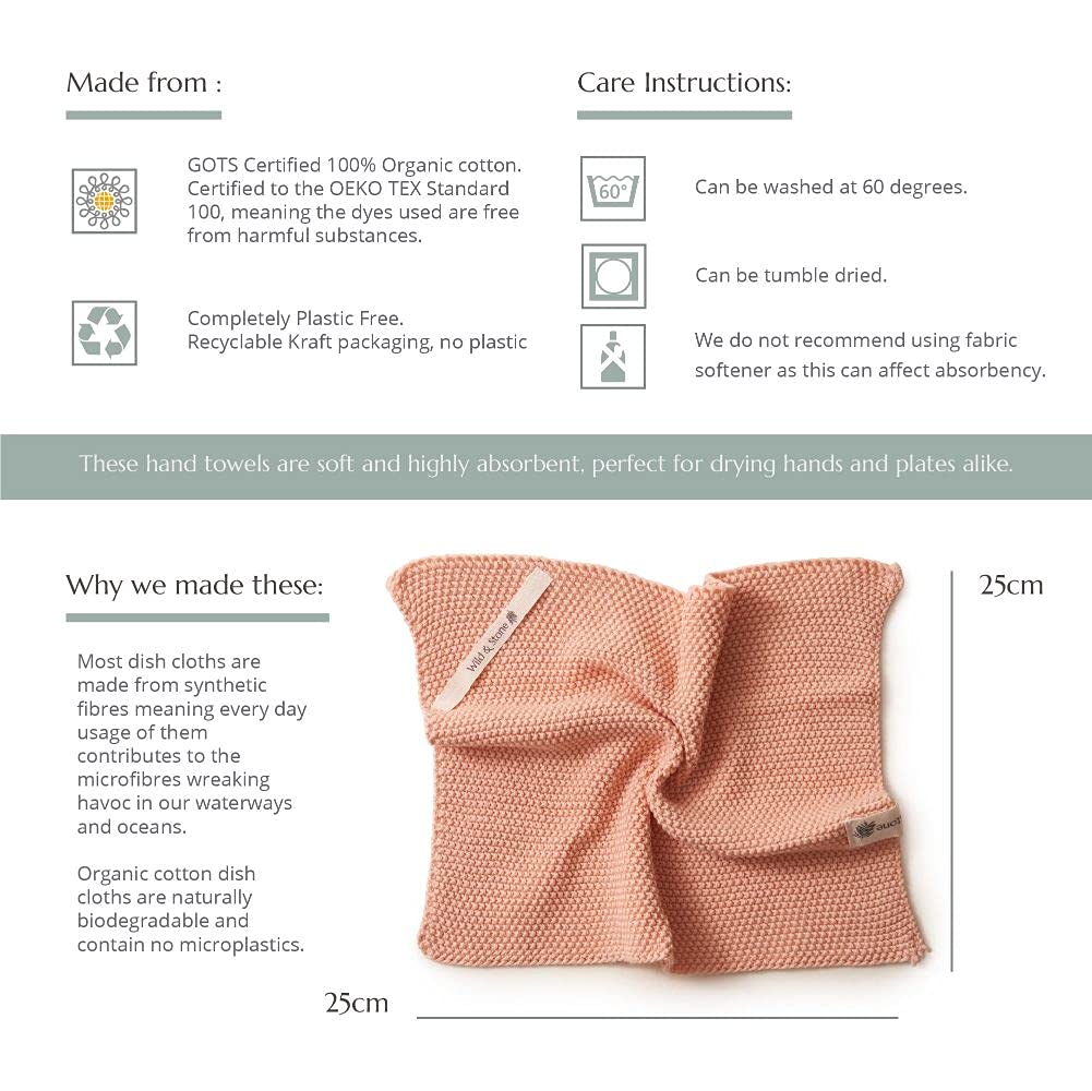 Wild & Stone | Organic Cotton Dish Cloth | Eco-Friendly Kitchen Cloth | Biodegradable & Compostable Cleaning Cloth | Rose