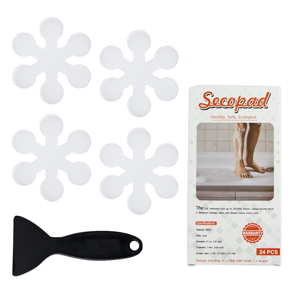 Secopad Bathtub Stickers Non-Slip, 12 Pcs Safety Shower Treads Adhesive Appliques With Premium Scraper