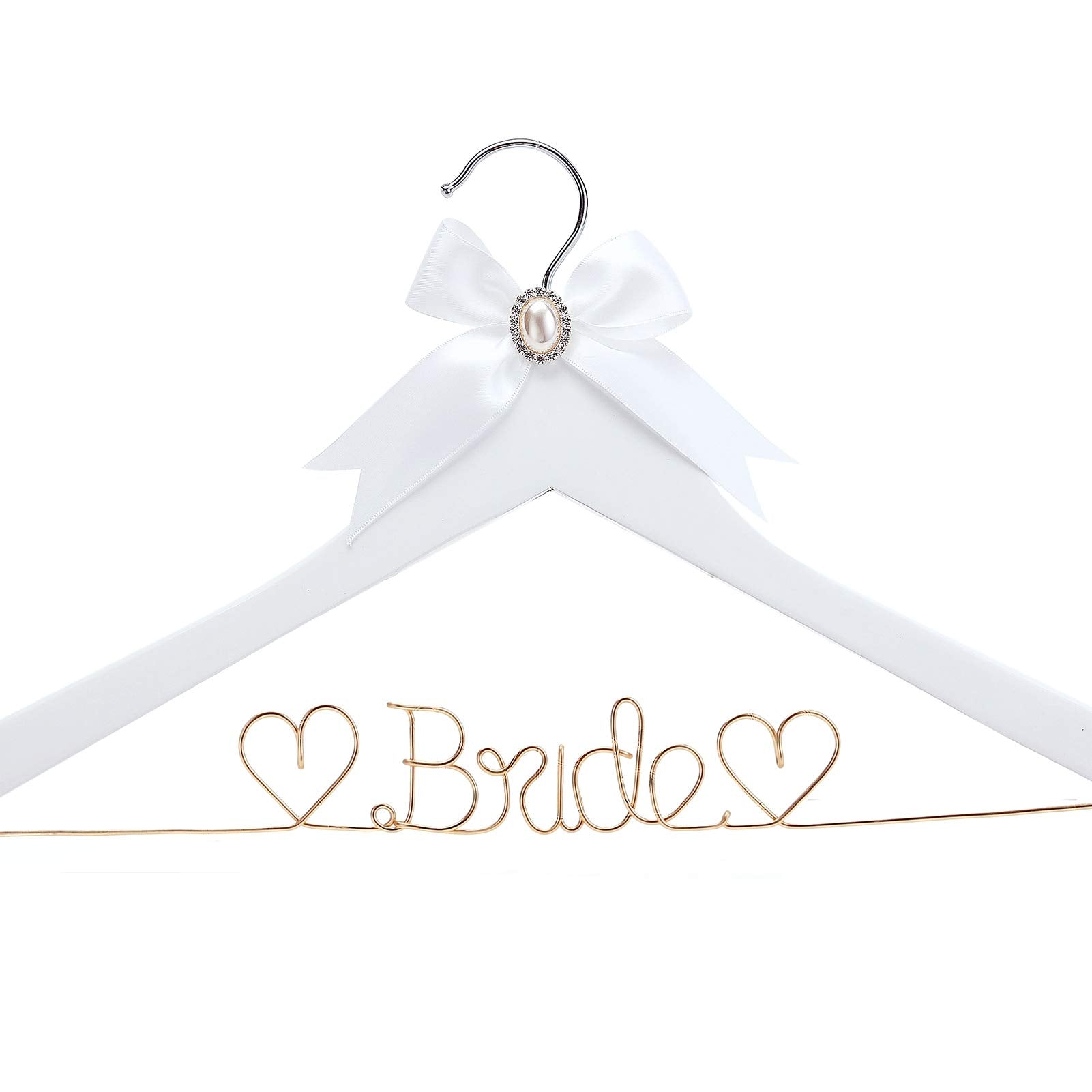 Huidian White Solid Wood Bridal Dress Hanger With Bridal Wire Lettering For Bridal Wedding Party Gift (White Hanger With Rose Go