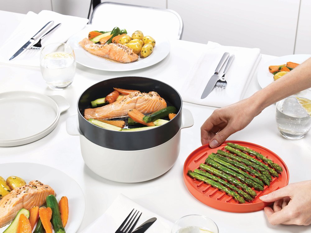 Joseph Joseph M-Cuisine Microwave 4-Piece Stackable Cooking Set  2 liter cooking pot  steamer  griddle and lid  Orange/Beige