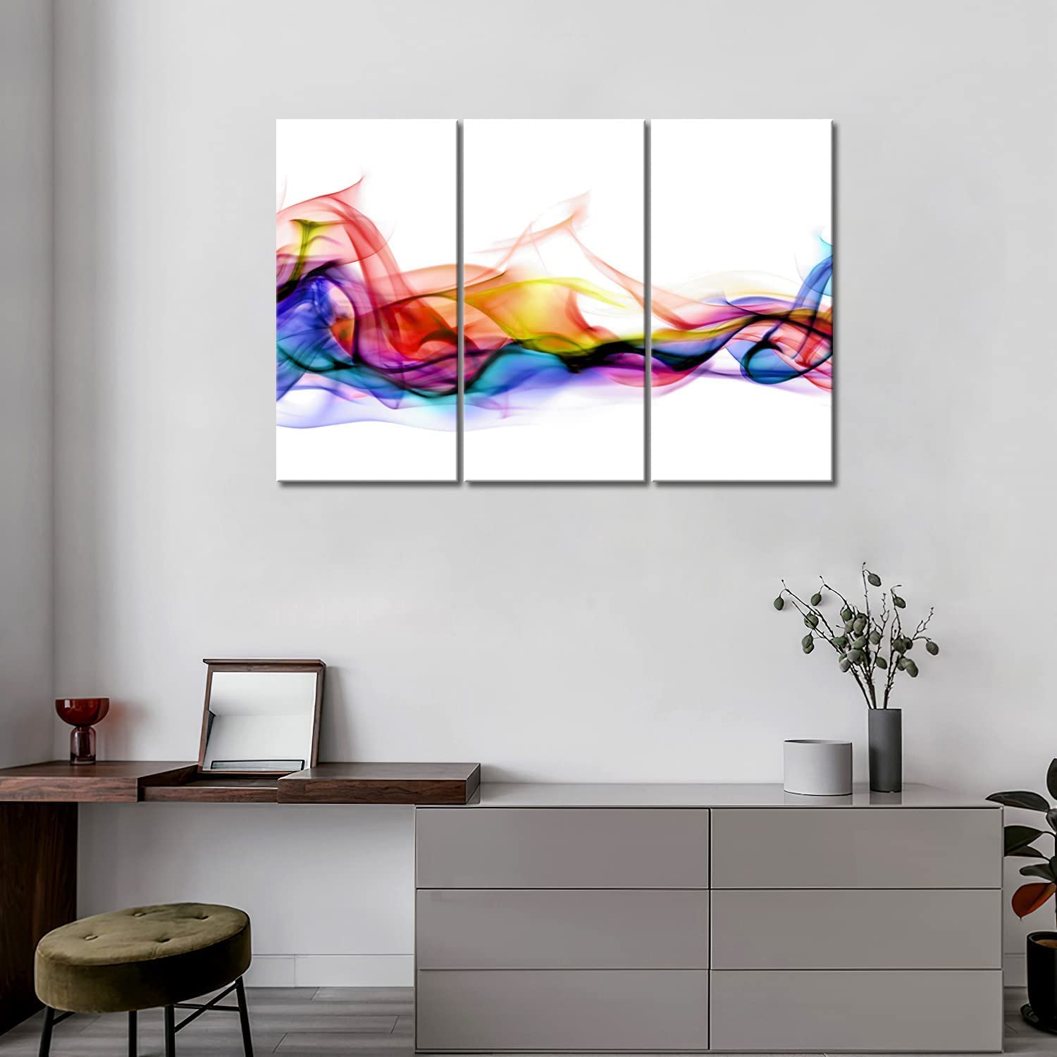 3 Panel Wall Art Fresh Look Color Abstract Smoke Colorful White Background Painting Pictures Print On Canvas Abstract The Picture for Home Modern Decoration (Stretched by Wooden Frame Ready to Hang)