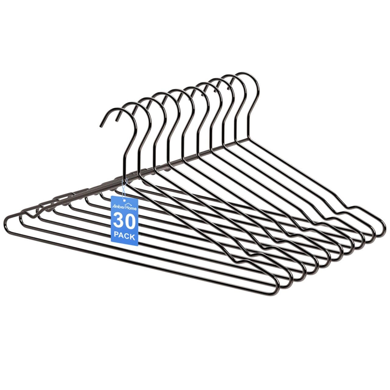 Amber Home 17'' Strong Black Metal Wire Clothes Hangers 30 Pack, Heavy Duty Coat Hangers, Standard Suit Hangers For Jacket, Shir