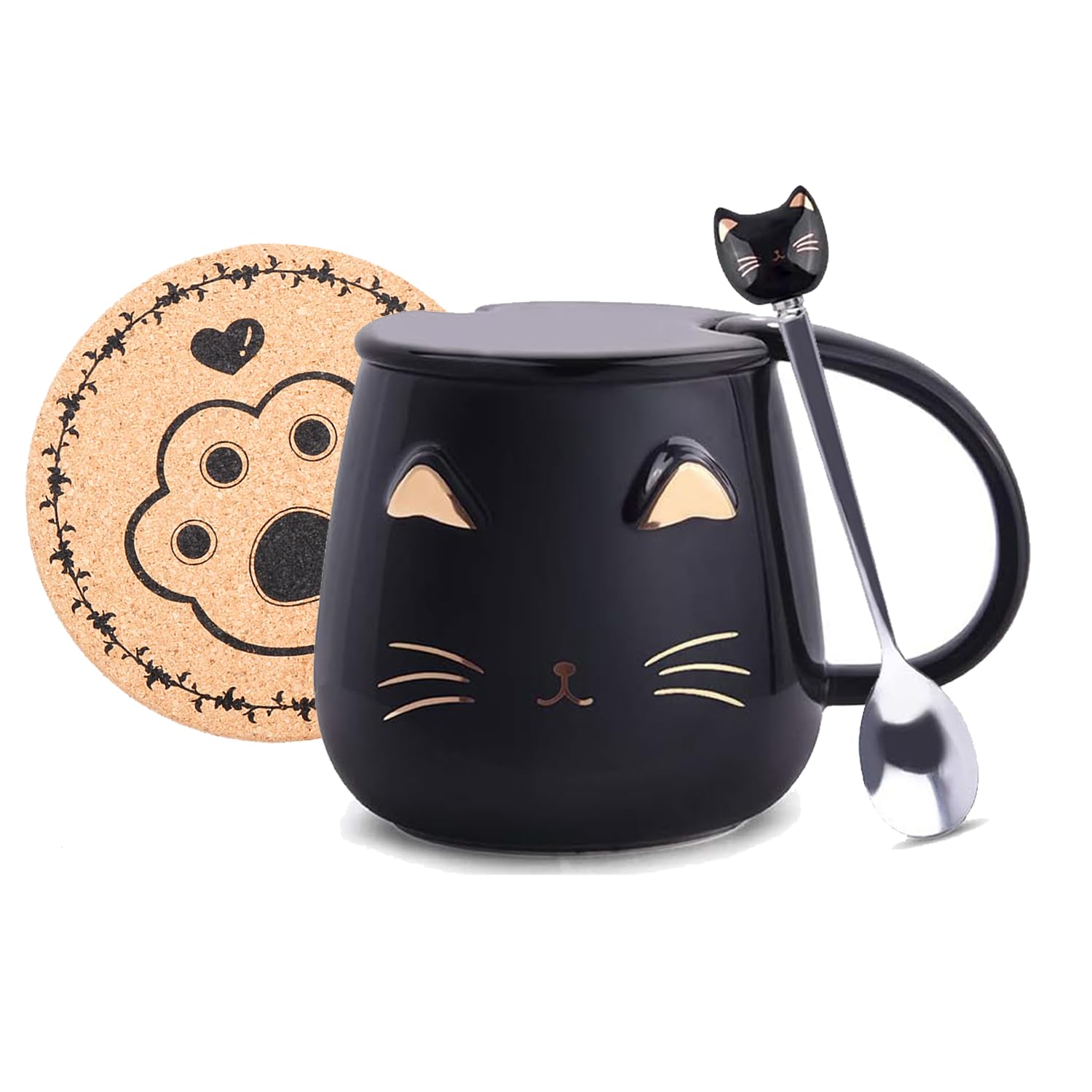 Pink Ceramic Coffee mug Cute Cat Handmade Tea Cups with Stainless Steel Spoon Kitty Cup Unique Hot chocolate Novelty mugs Christ