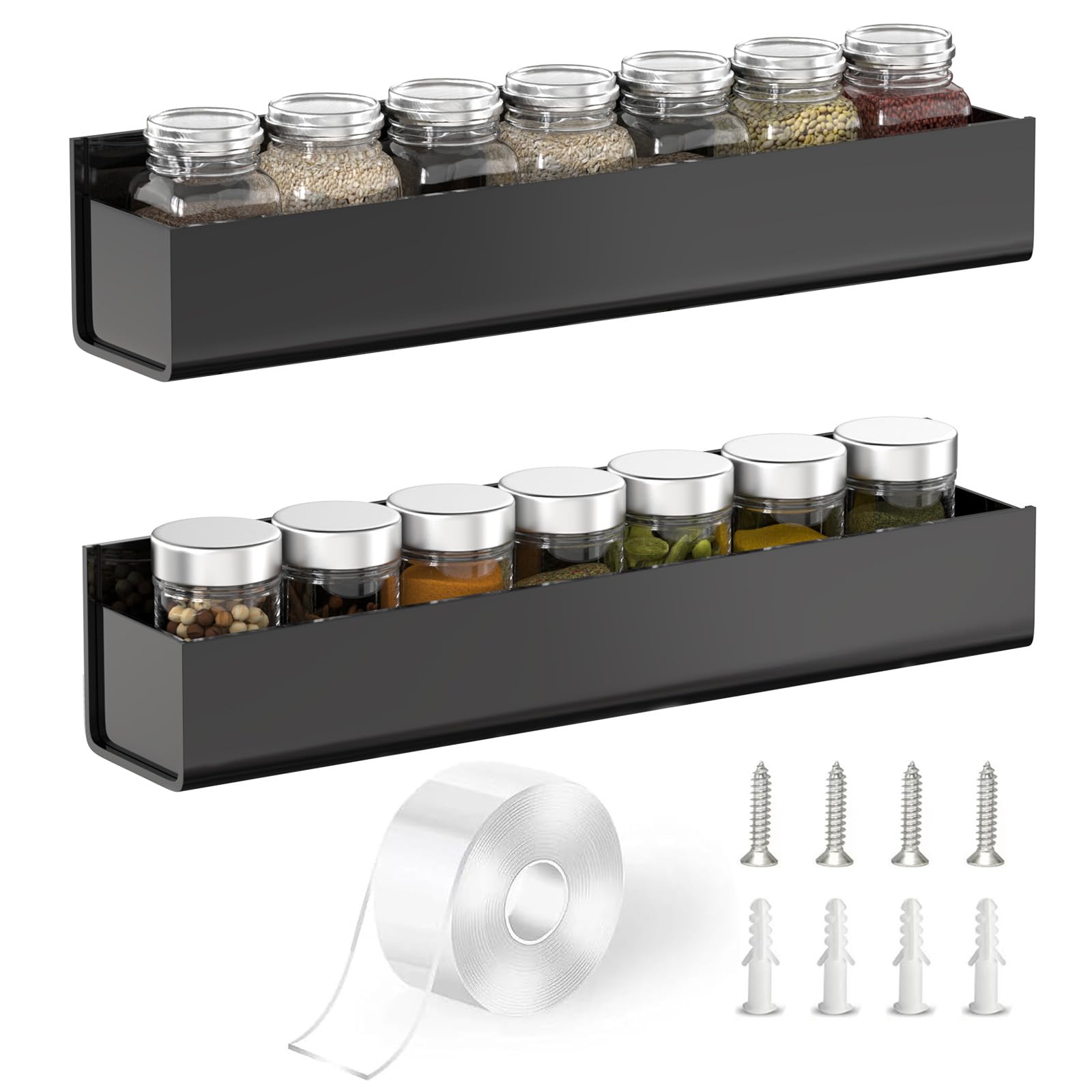 PMMASTO Adhesive Acrylic Spice Rack Organizer for Wall with Nano Double Sided Tape, Spice Shelf Organization for Kitchen Cabinet