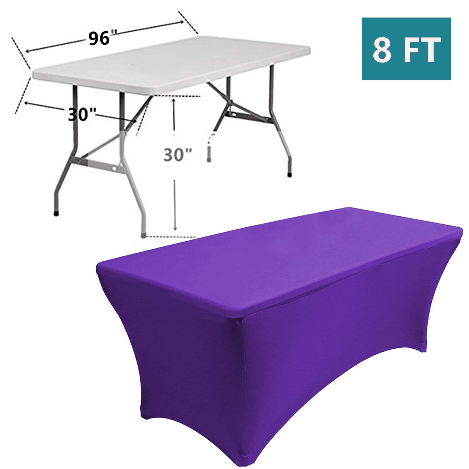 RELIANCER 2 Pack 8FT Rectangular Spandex Table Cover Four-Way Tight Fitted Stretch Tablecloth Table Cloth for Outdoor Party DJ Tradeshow Banquet Vendor Wedding Celebration (2PC 8FT  Purple)