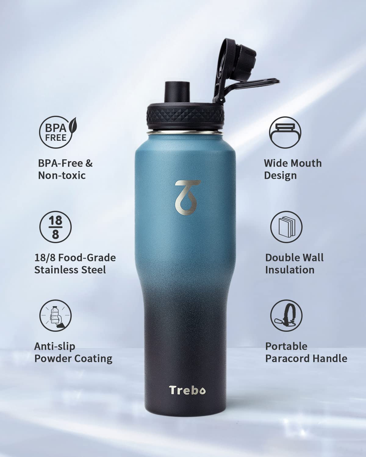 Trebo 32Oz Insulated Water Bottle That Fits In Cup Holder, Stainless Steel Double Wall Tumbler Flask Bottles With Paracord Handl